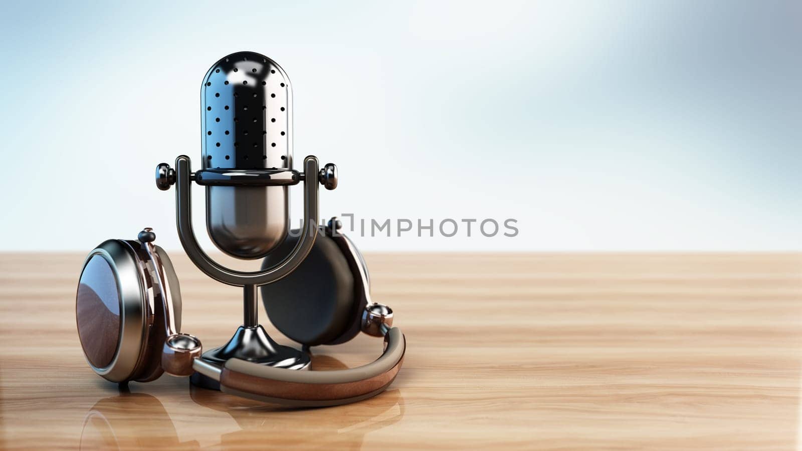 Vintage microphone and headphones on reflective wooden surface. 3D illustration.