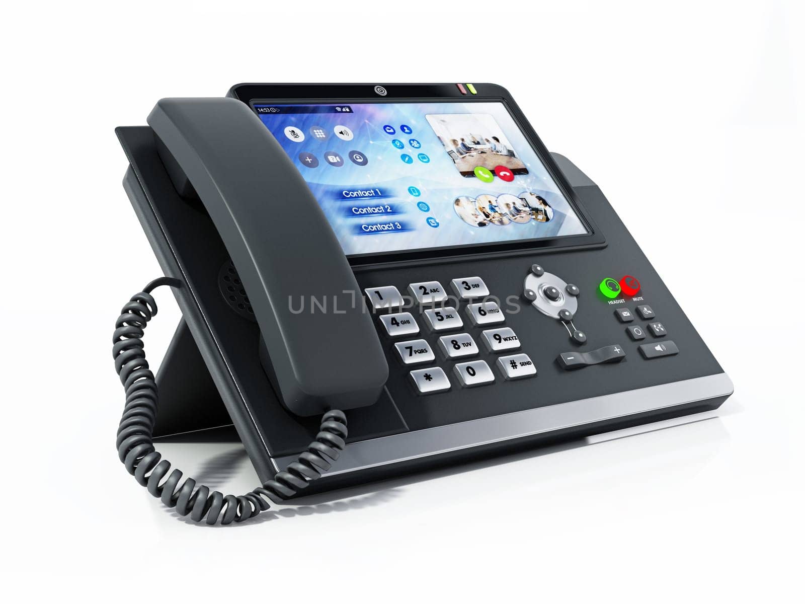 Modern VoIP or Voice over IP phone with LED screen isolated on white background. 3D illustration.