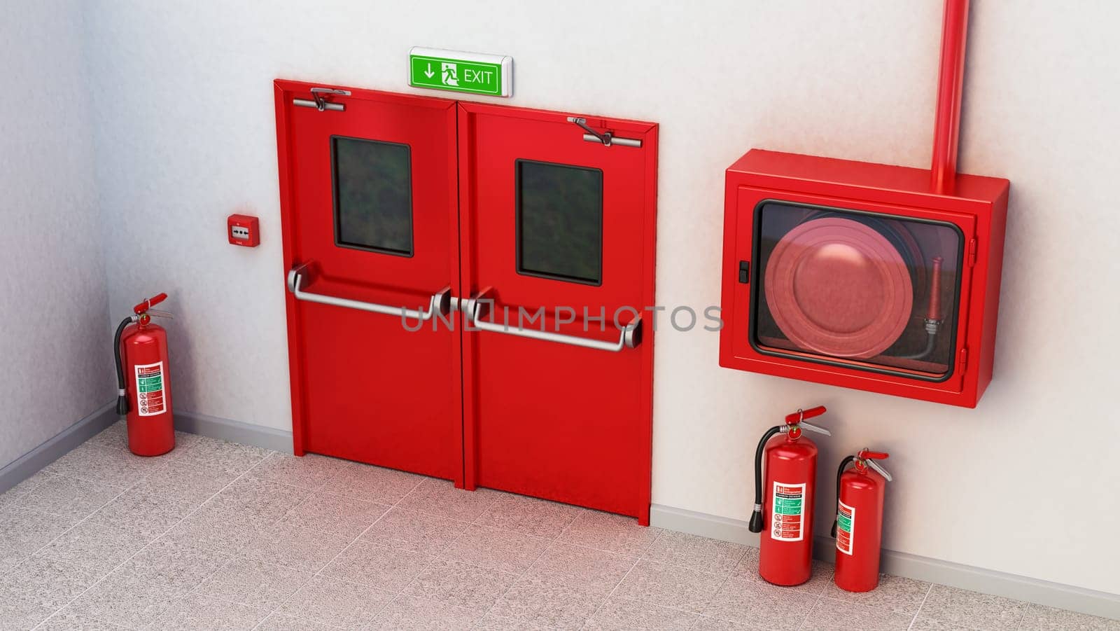 Fire exit door, exit sign, emergency fire button, extinguishers and fire cabinet. 3D illustration.