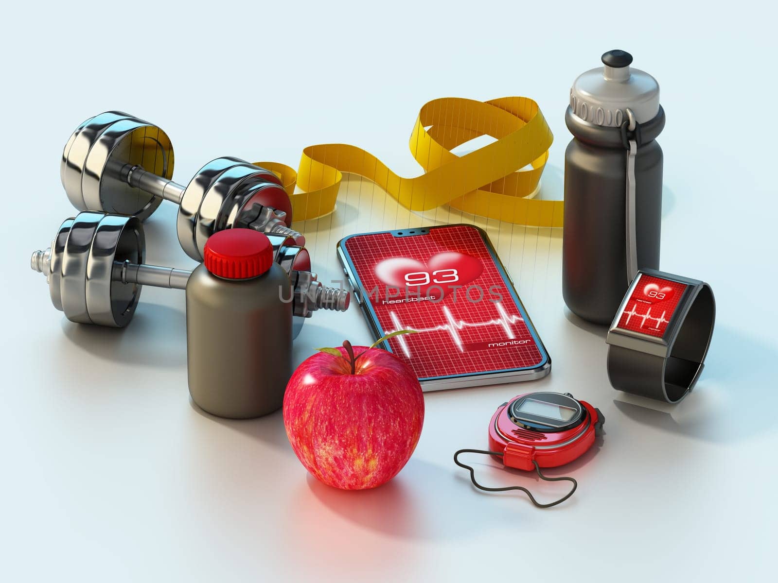 Sports and fitness equipment with soft shadows. 3D illustration.