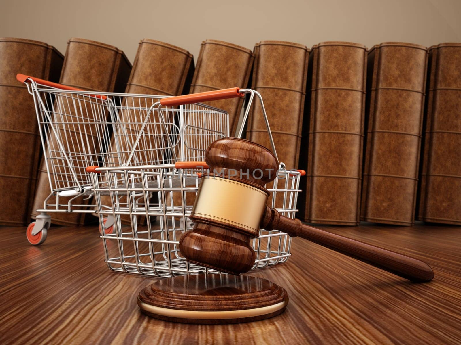 Gavel, shopping cart and basket. Consumer rights concept.3D illustration.