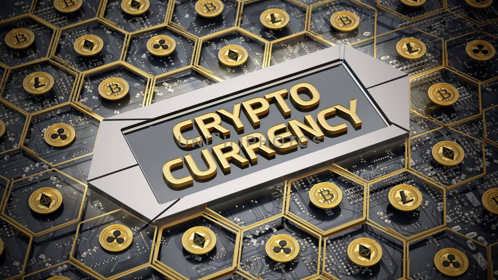 Cryptocurrency concept with Blockchain text. 3D illustration.