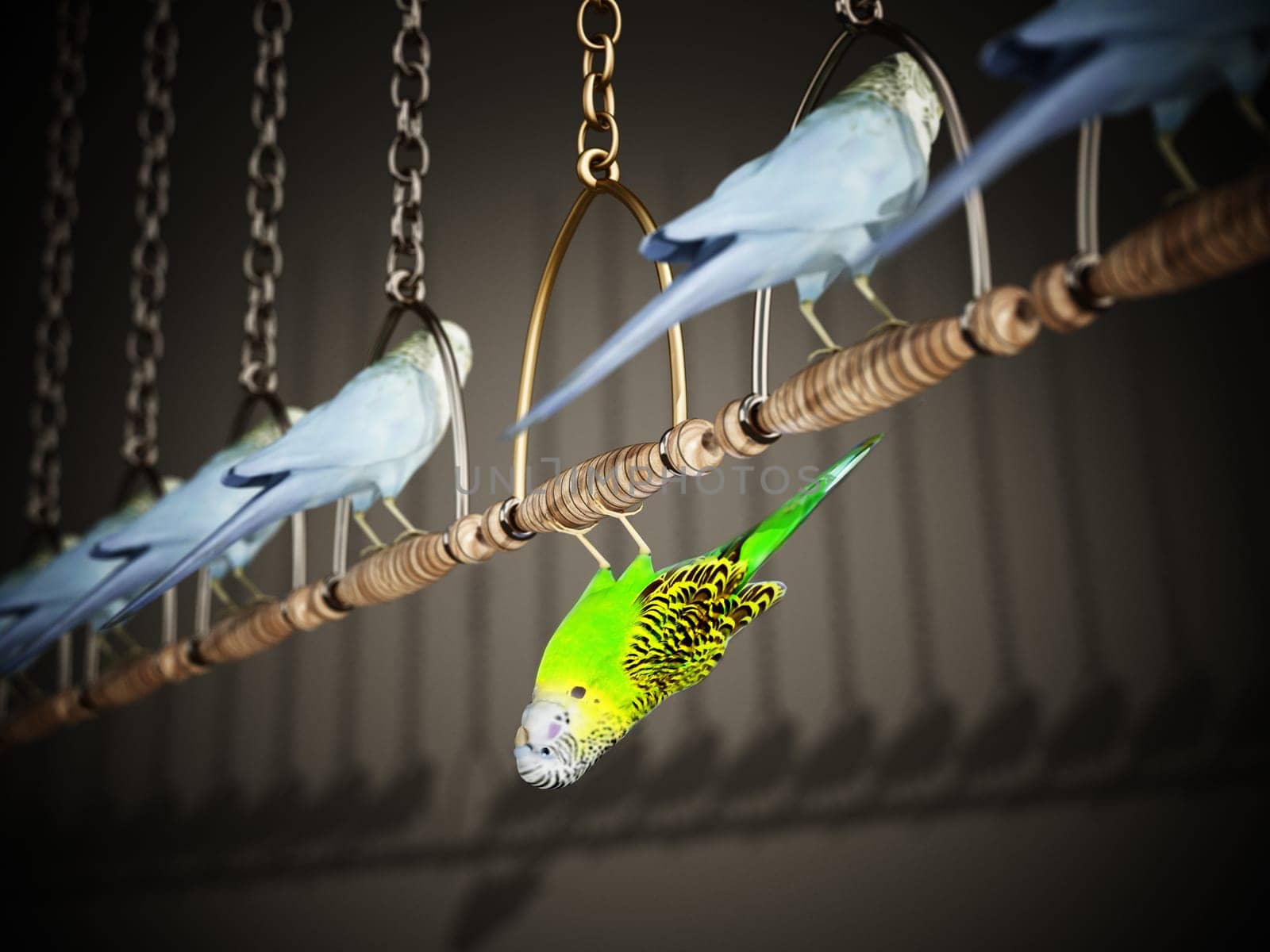 Green bird stands out from the crowd. Individuality concept. 3D illustration.