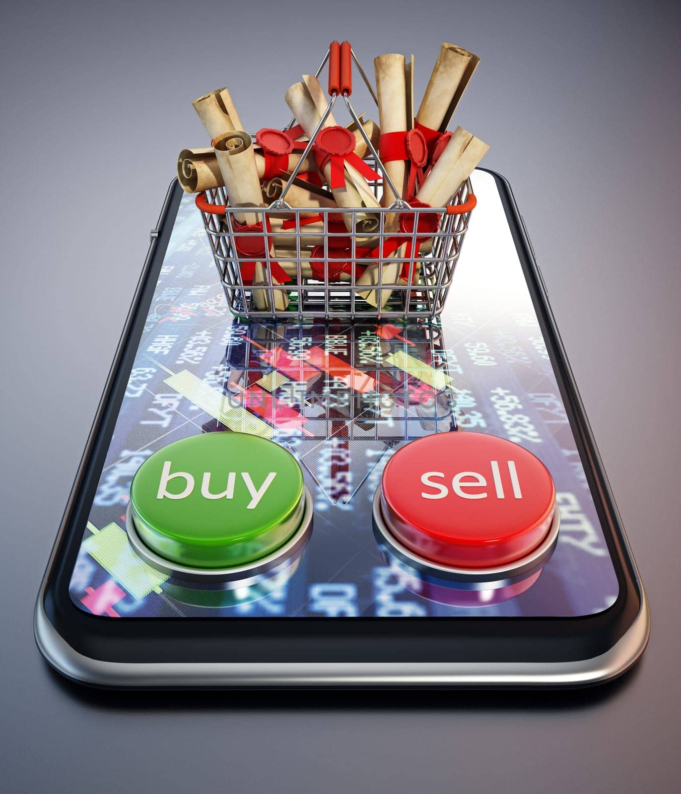 Online stock trading concept. Stocks inside shopping basket, buy and sell buttons on smartphone. 3D illustration.