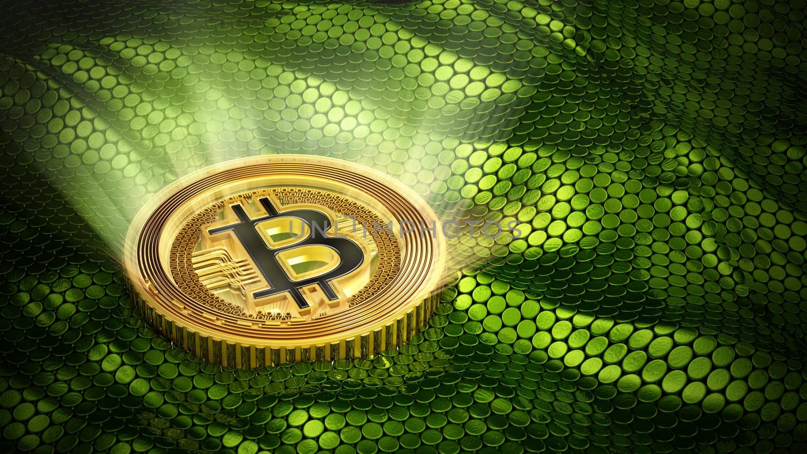 Glowing generic Bitcoin standing on green background. 3D illustration.