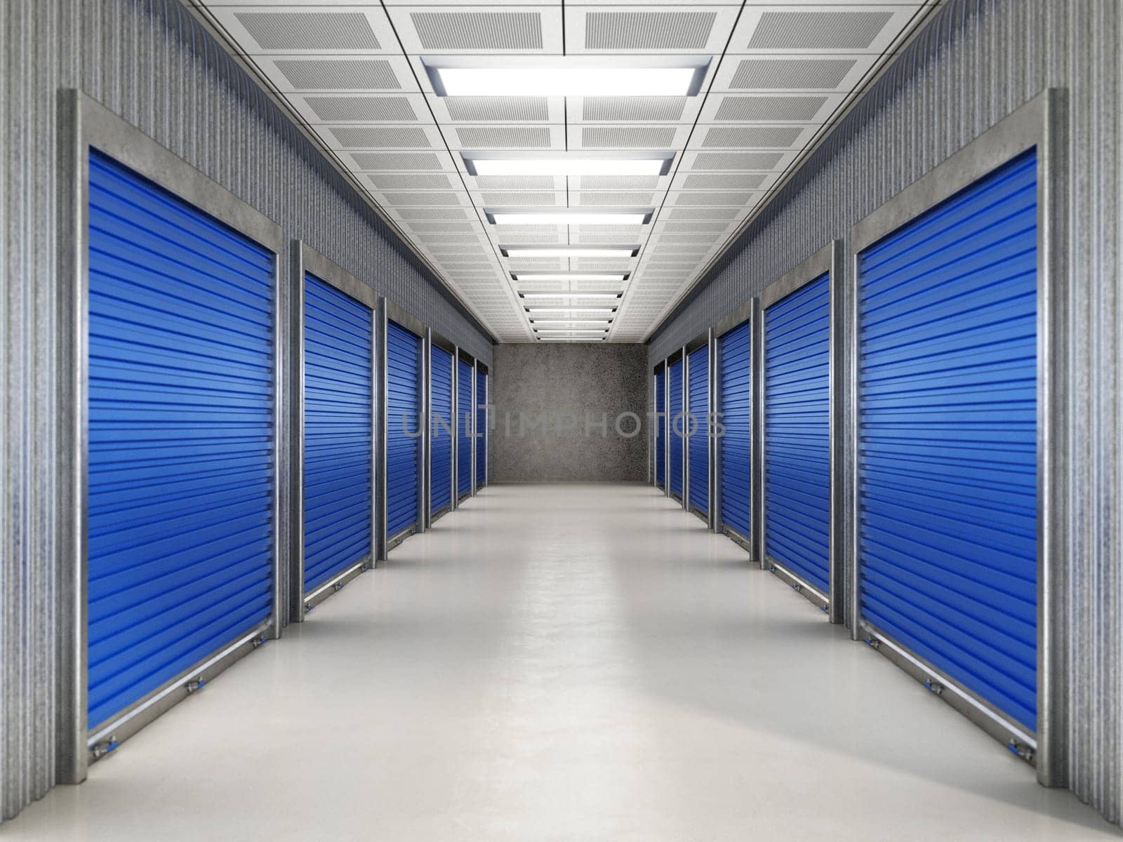 Corridor leading to self storage units 3D illustration.