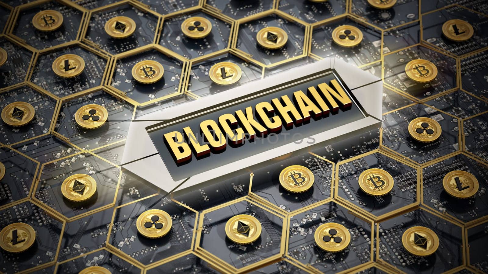 Cryptocurrency concept with Blockchain text. 3D illustration.