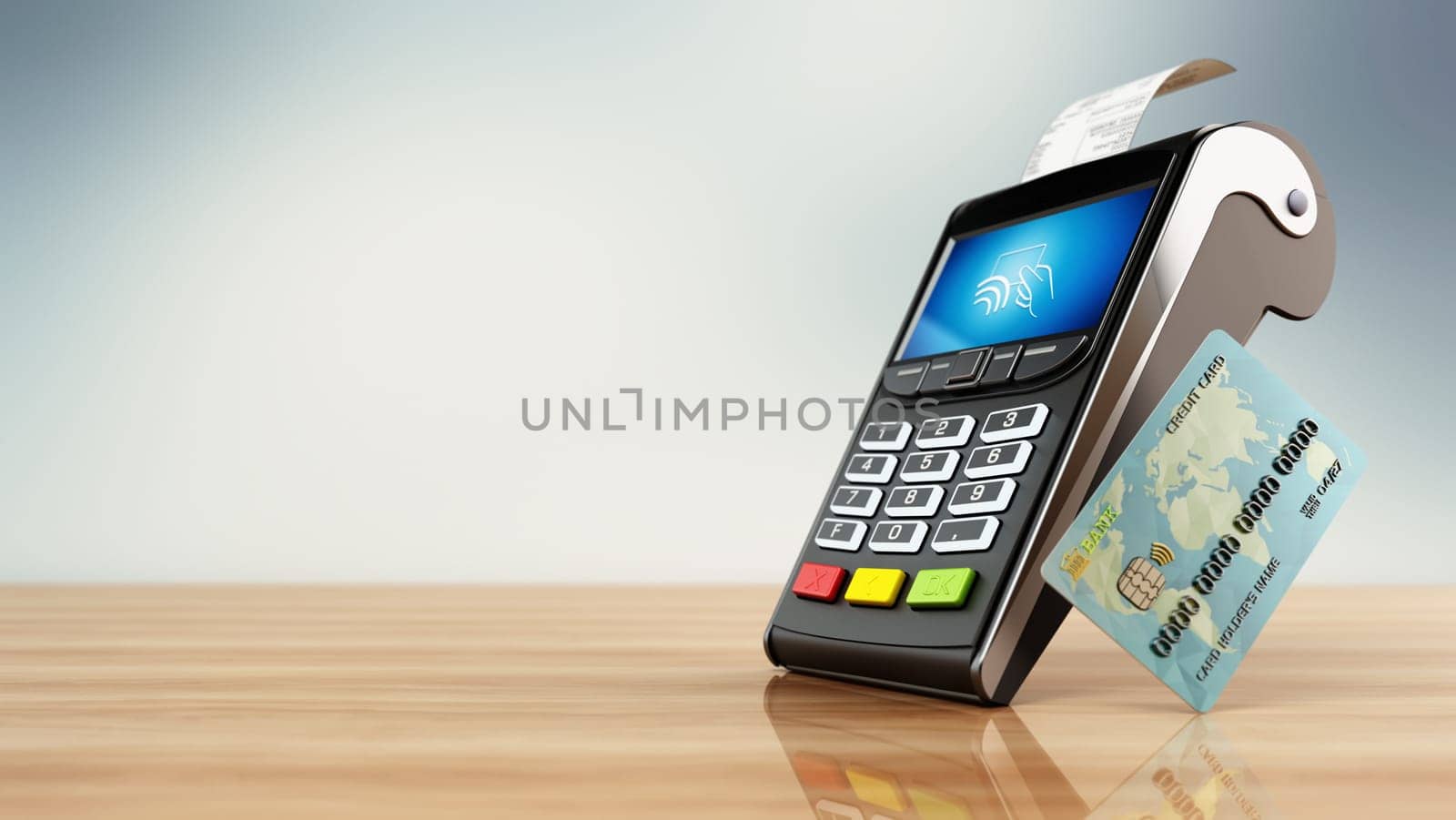 POS machine and credit card standing on wooden table. Copy space on the left side. 3D illustration.