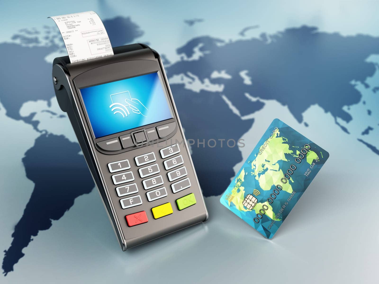 POS machine and credit card standing on world map background. 3D illustration.