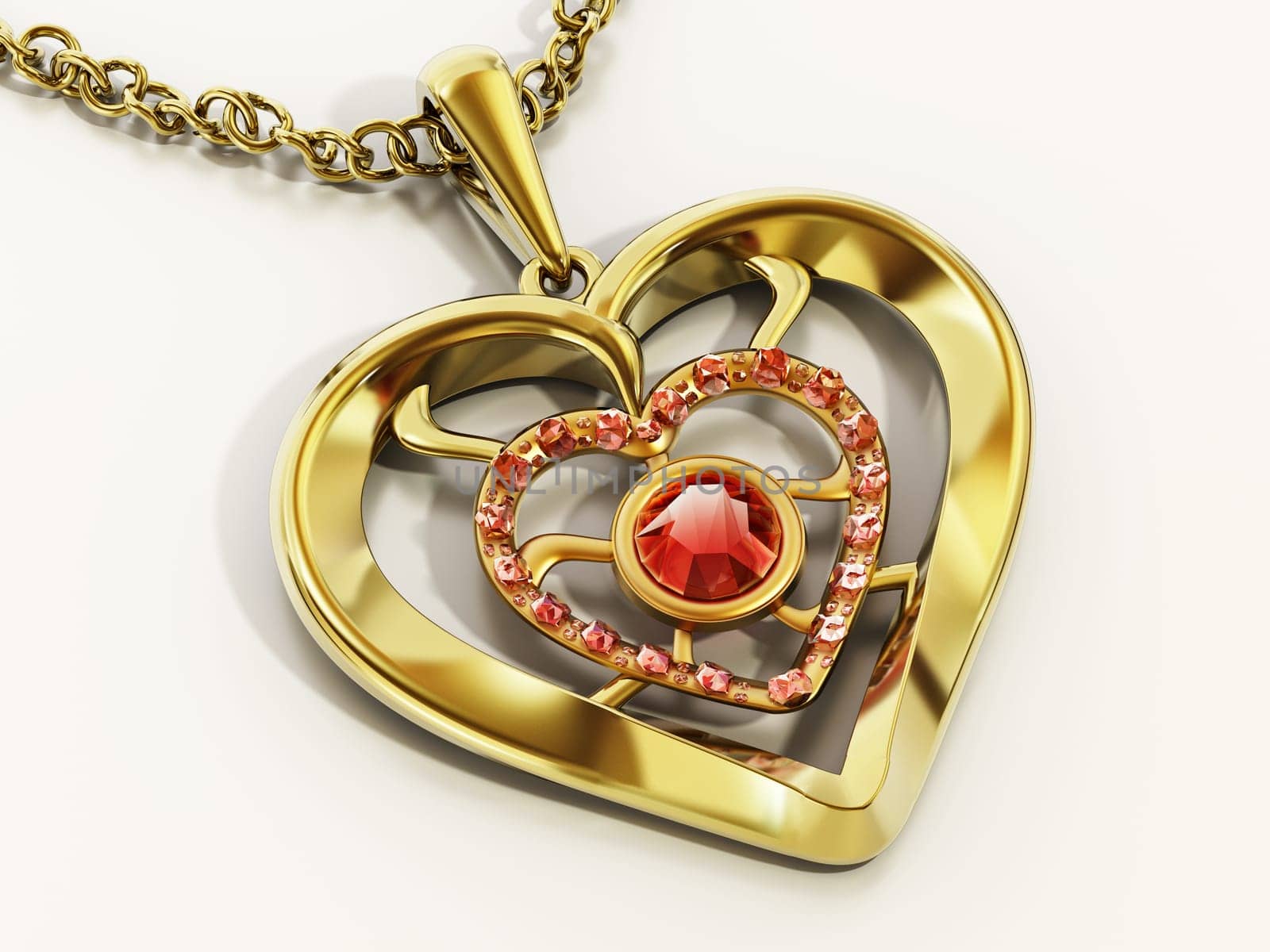 Gold heart necklace decorated with ruby gemstones. 3D illustration.