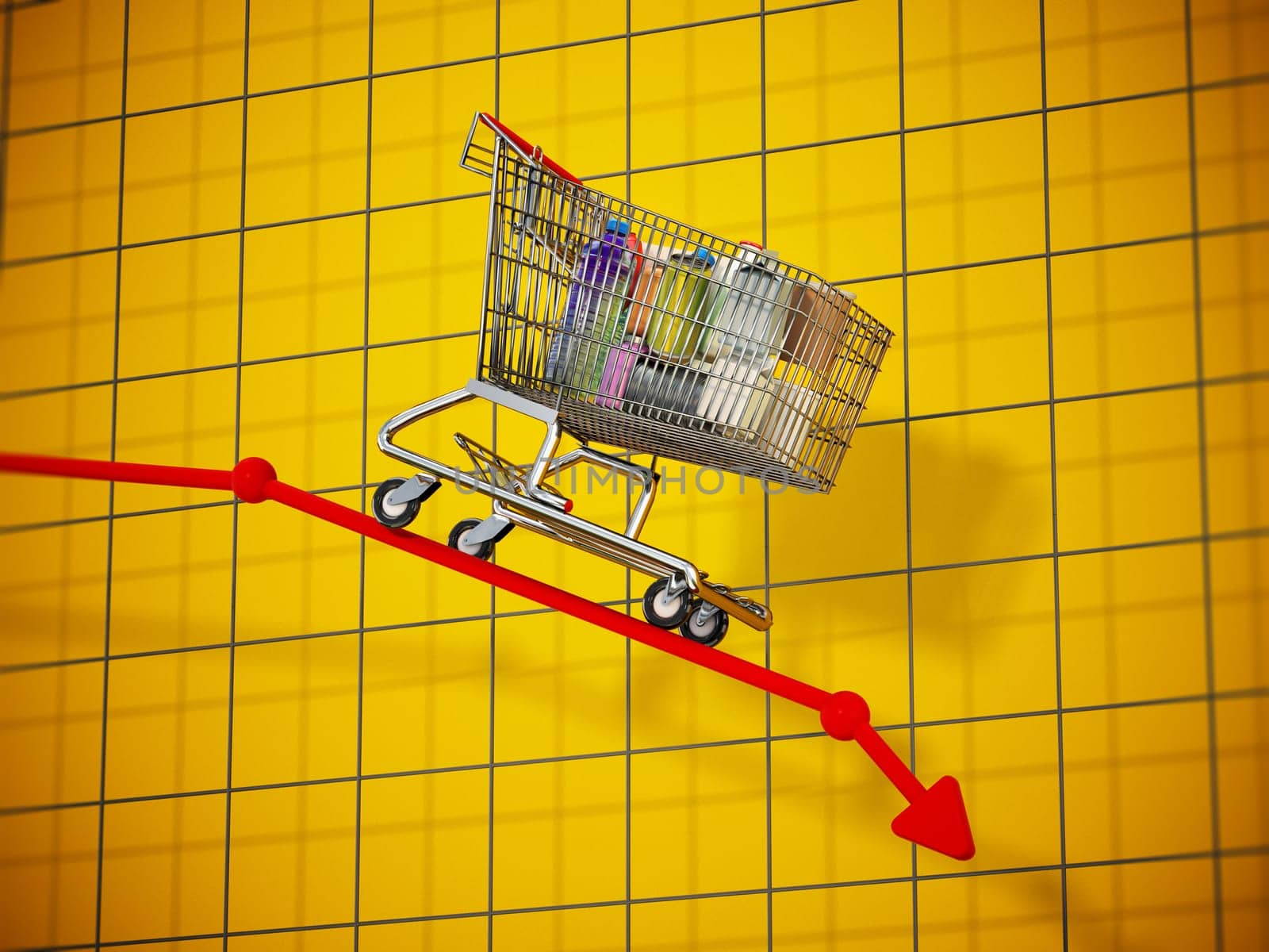 Shopping cart with supermarket products falling down the decreasing arrow. 3D illustration.