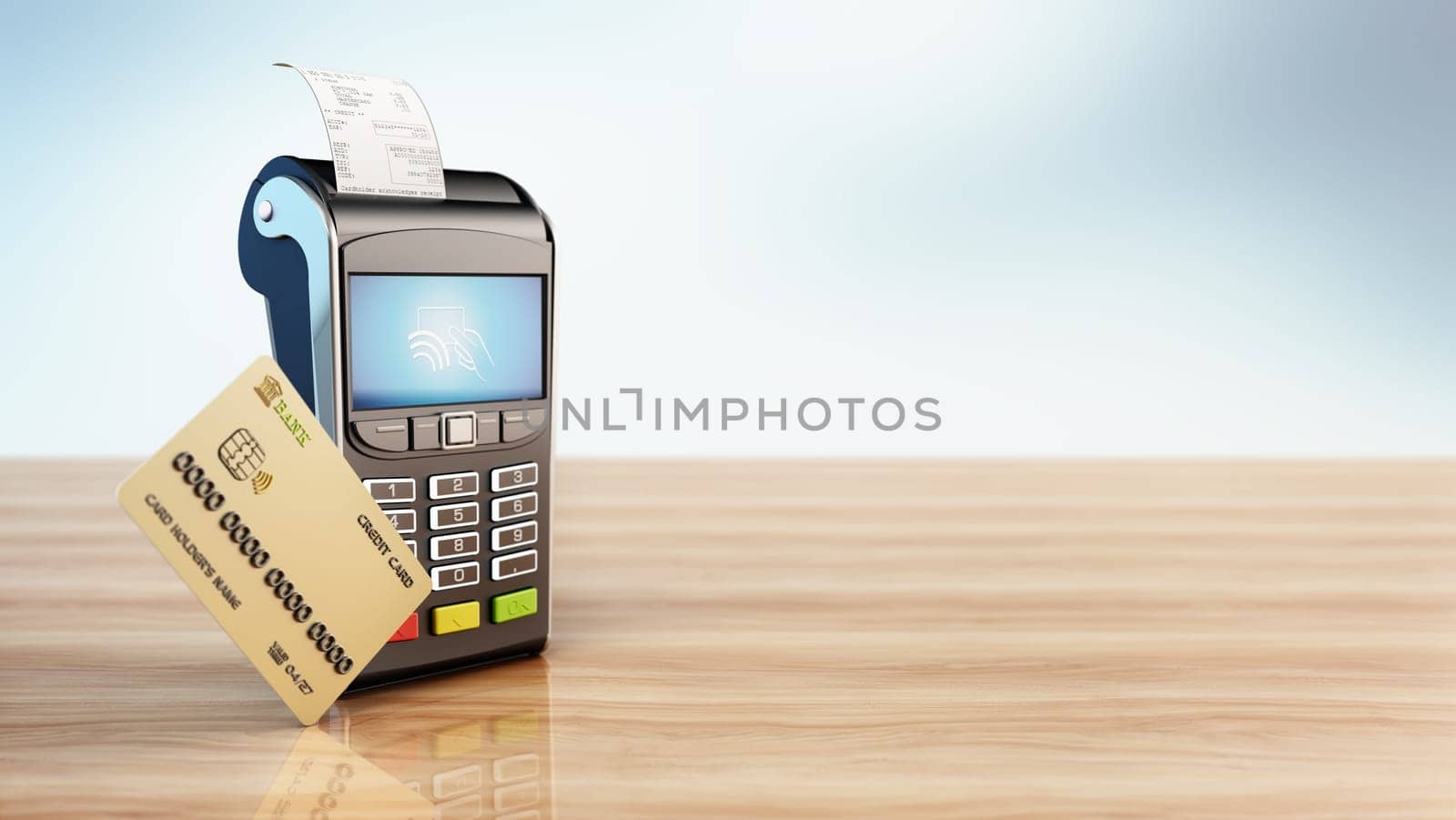 POS machine and credit card standing on wooden table. Copy space on the right side. 3D illustration.