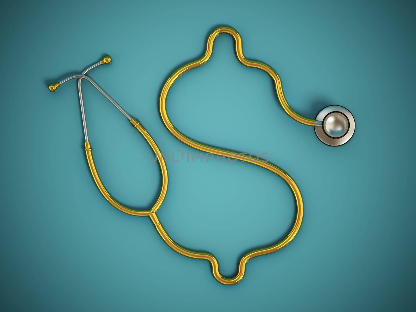 Stethoscope with Dollar symbol shaped cord on green background. Medical costs and expenditures concept. 3D illustration.