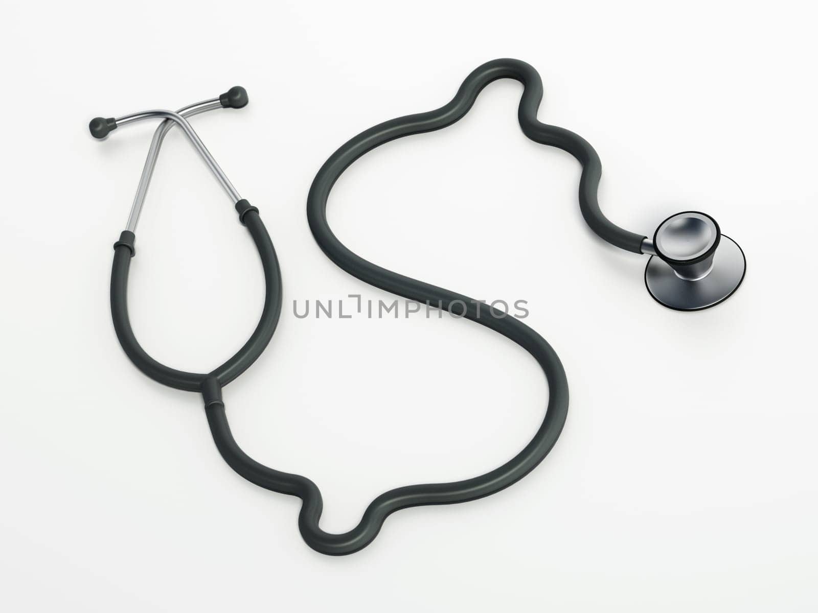 Stethoscope with Dollar symbol shaped cord. Medical costs and expenditures concept. 3D illustration.