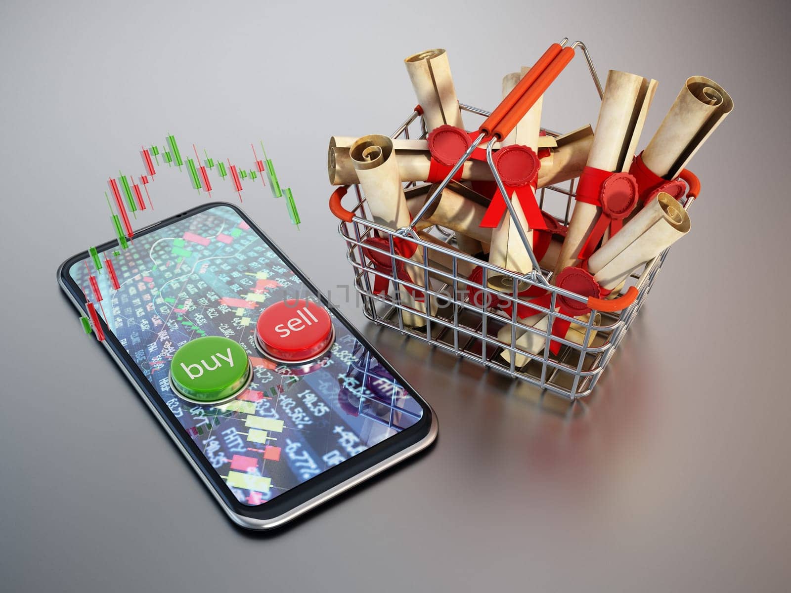 Online stock trading concept. Stocks inside shopping basket, buy and sell buttons on smartphone. 3D illustration.