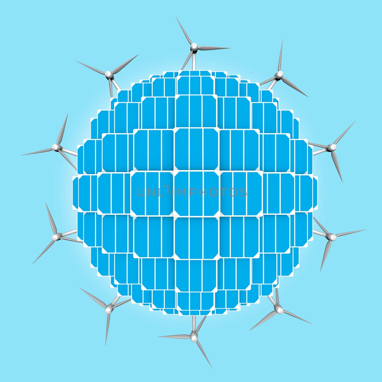 Planet with solar panels and wind turbines around to generalize clean energies. Innovation must be utilized to promote renewable energies for a better future.