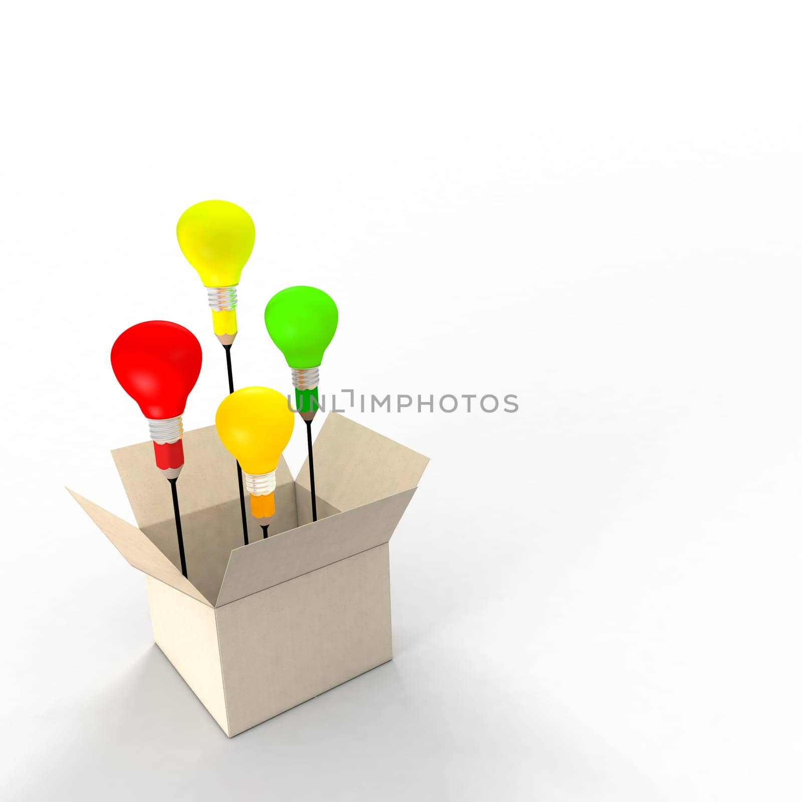 Several ideas emerging from an idea box. Metaphor concept. The light bulbs and pencil refer to ideas and creativity.
