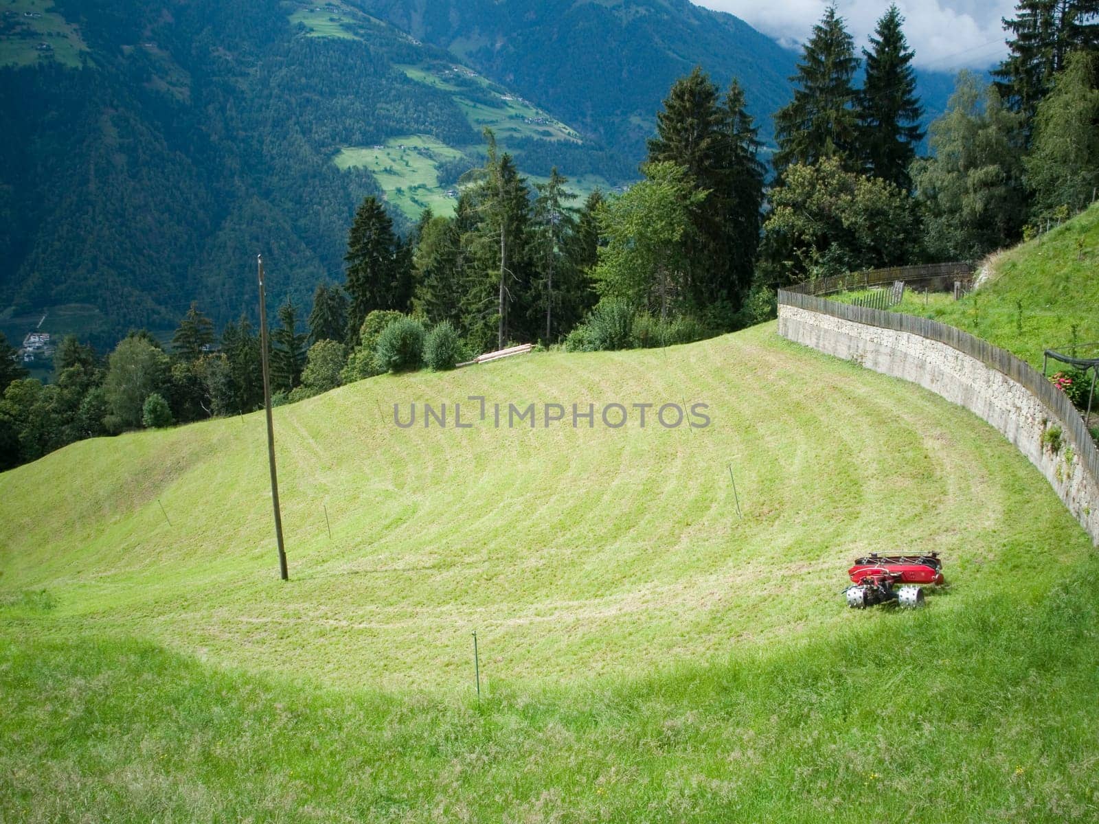 scenic view down on a freshly mowed alpine meadow in South Tyrol near and above the city of Merano on a whale path