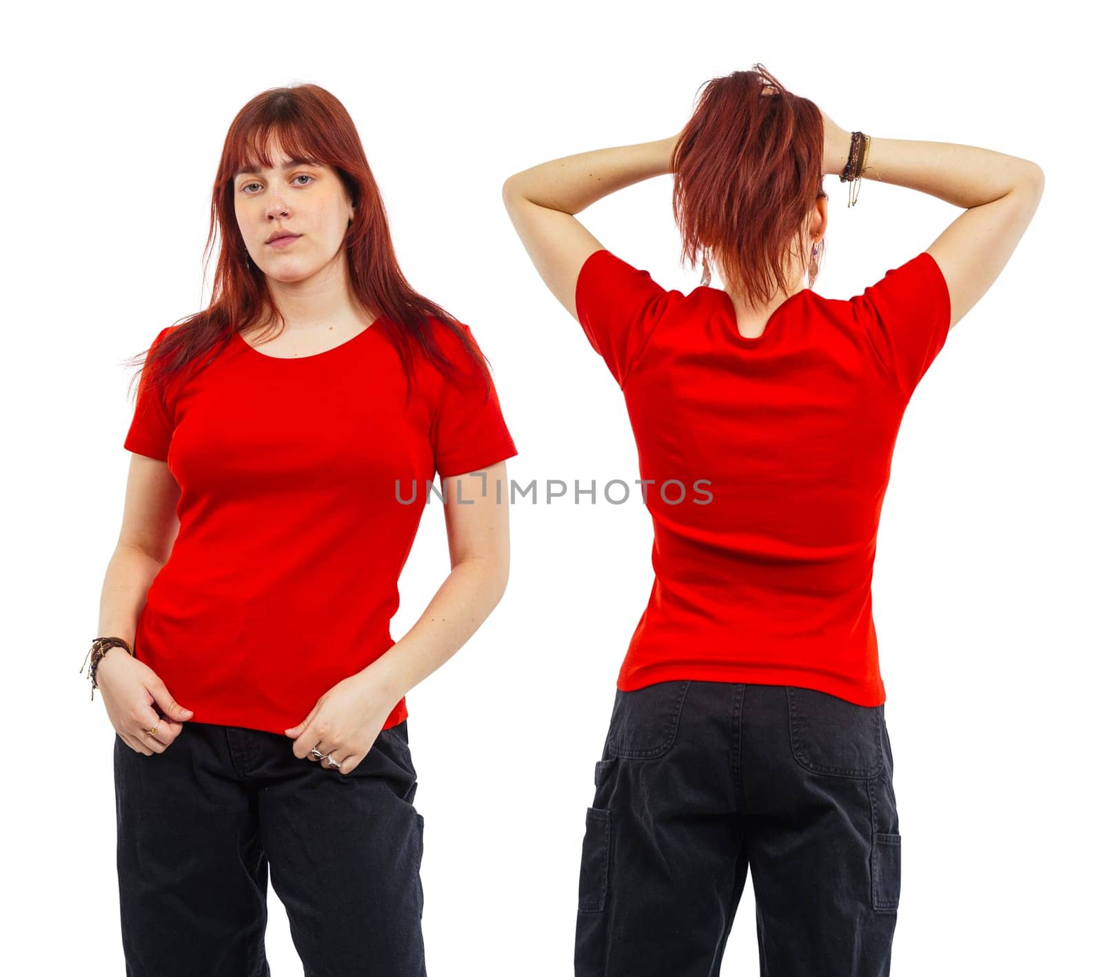 Young beautiful woman posing with a blank red t-shirt ready for your artwork or design.