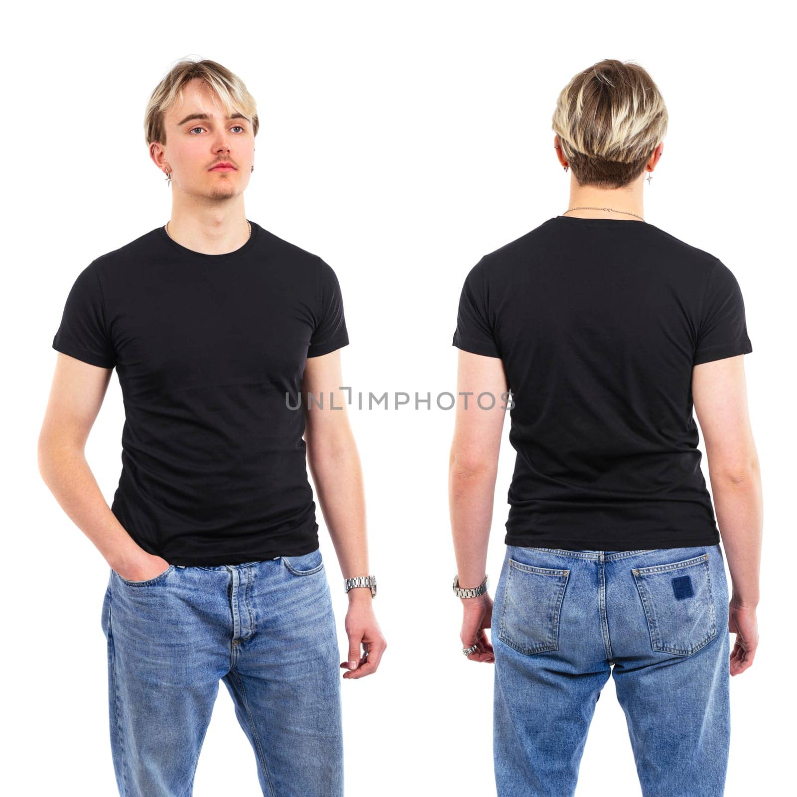 Photo of a young man posing with a blank black shirt ready for your artwork or design.