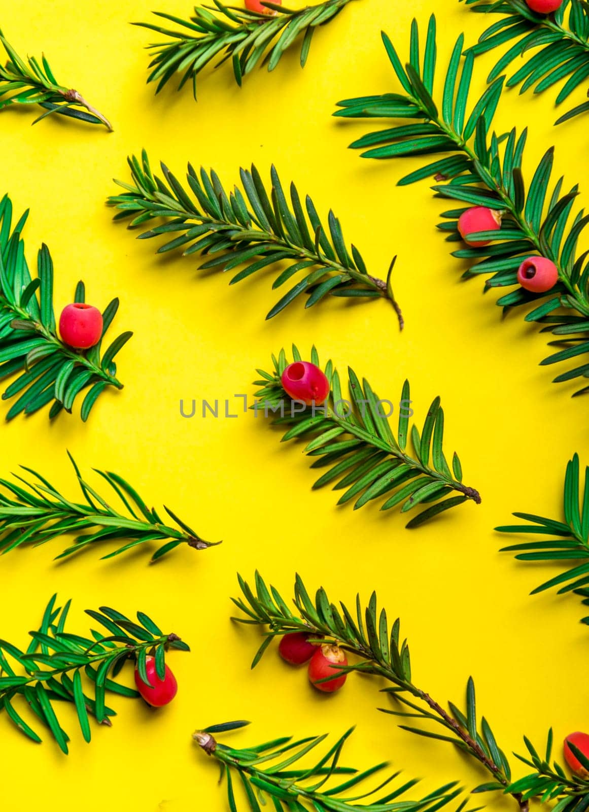Christmas holiday pattern background. Christmas tree with red decor over pastel yellow background. Top view. Merry christmas and happy new year for 2019.