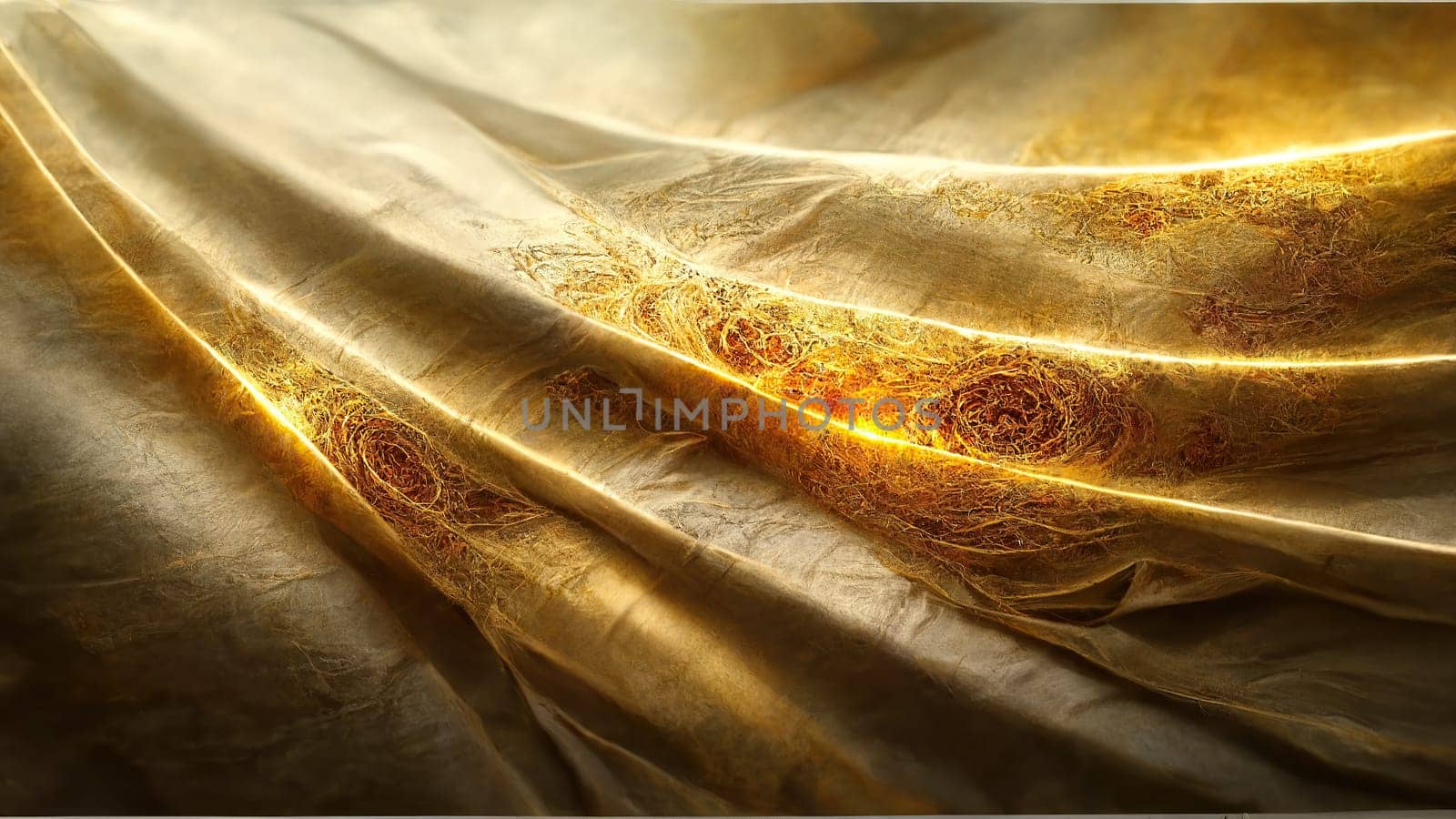 Abstract art fluid golden waves background full frame with bright lightning. Artificial Art.
