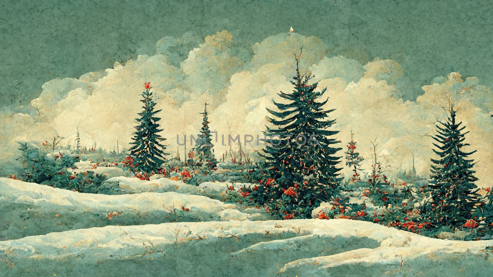 Retro christmas card with fir and snow landscape abstract digital art.
