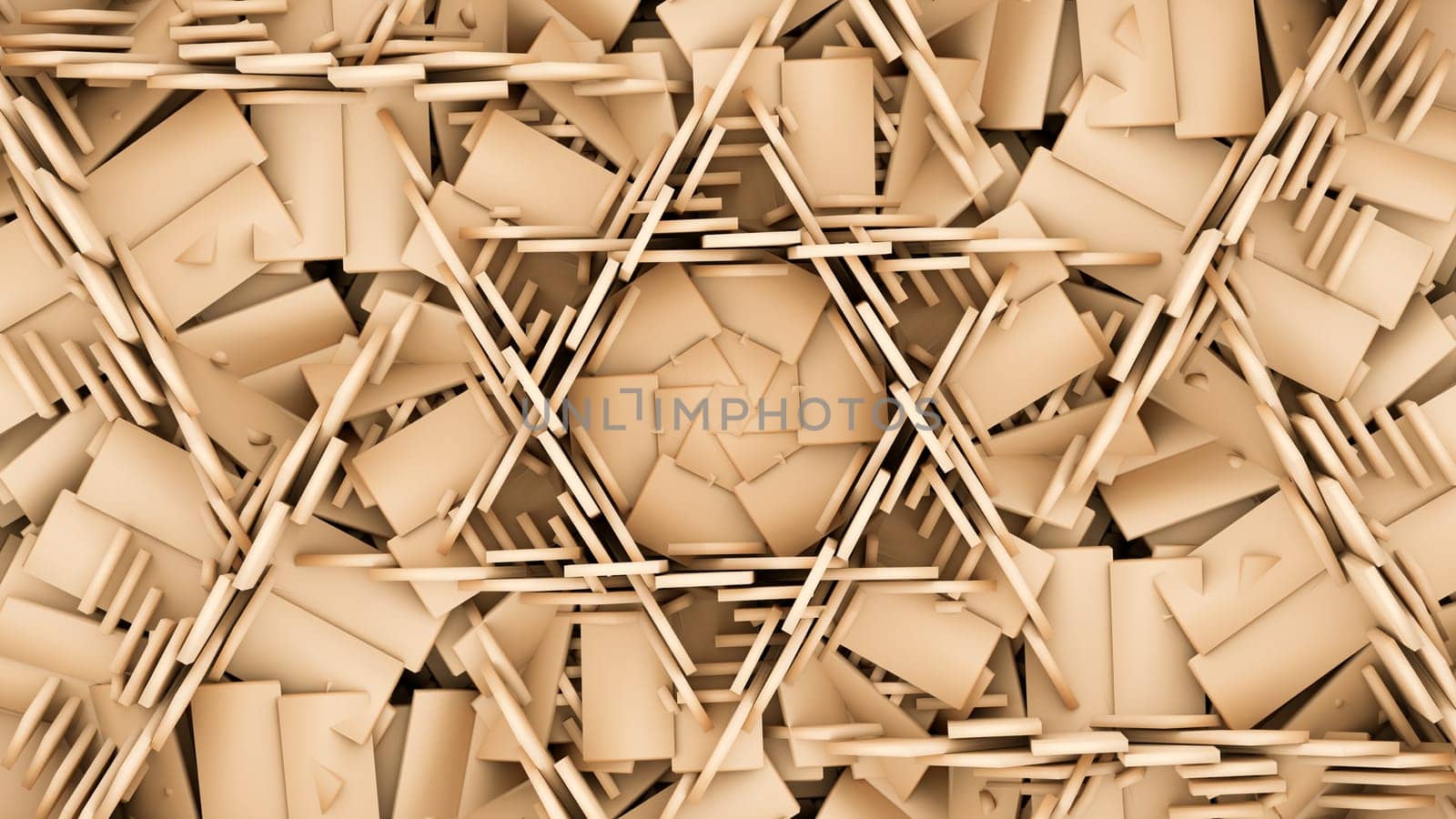 David star fractal geometric hexagon wood sculpture symmetry design beige art spiral background 3D illustration