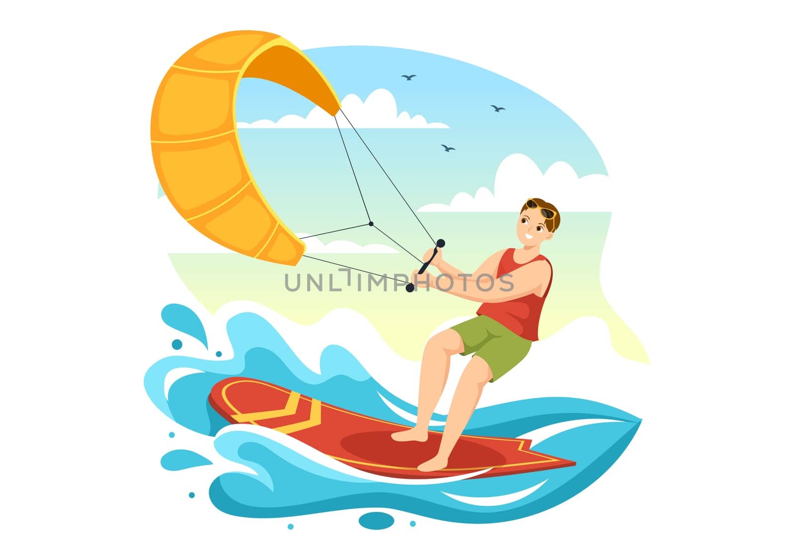 Kitesurfing Illustration with Kite Surfer Standing on Kiteboard in the Summer Sea in Extreme Water Sports Flat Cartoon Hand Drawn Template