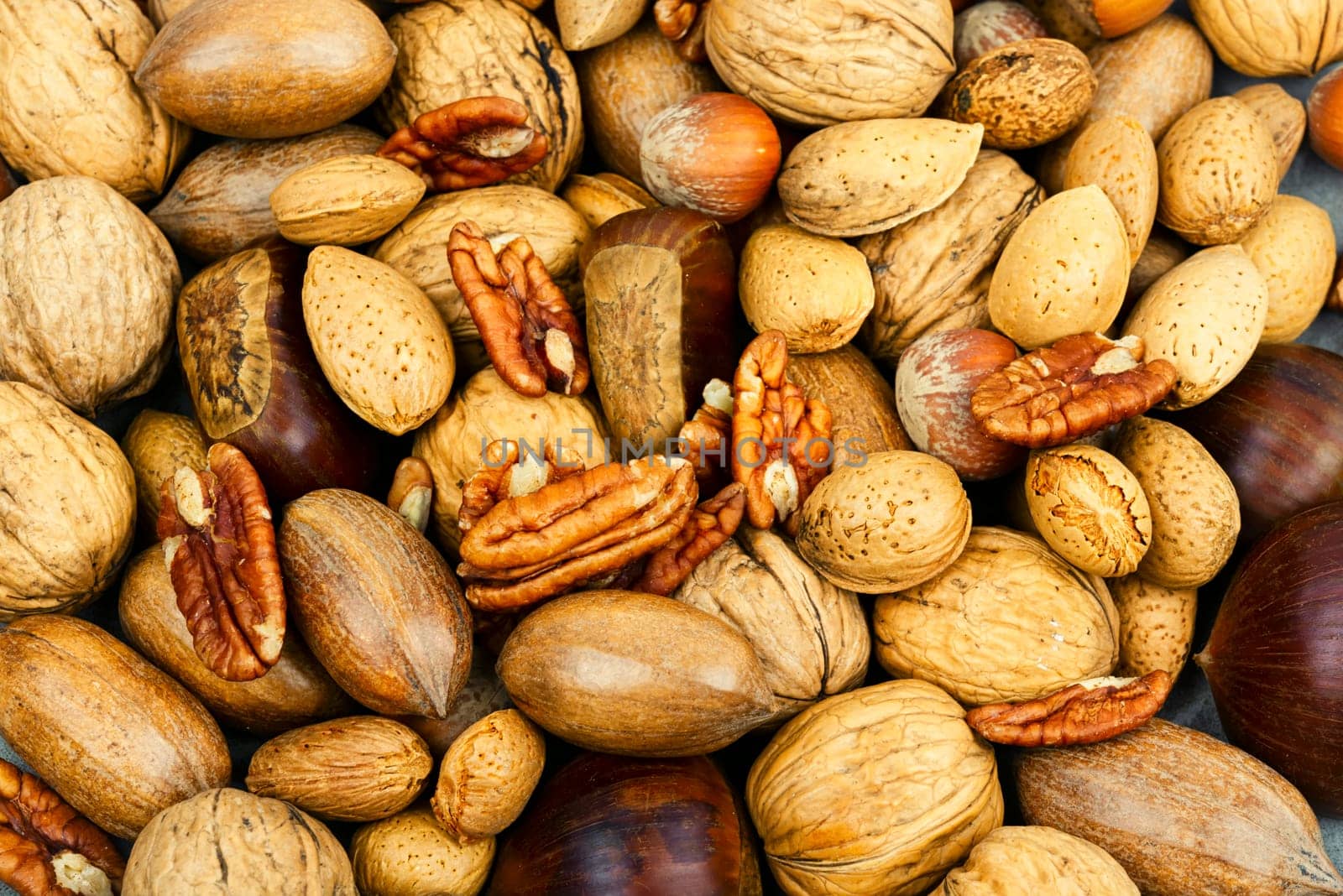 Walnut, chestnut, almond, hazelnut on the table.Healthy food and snacks