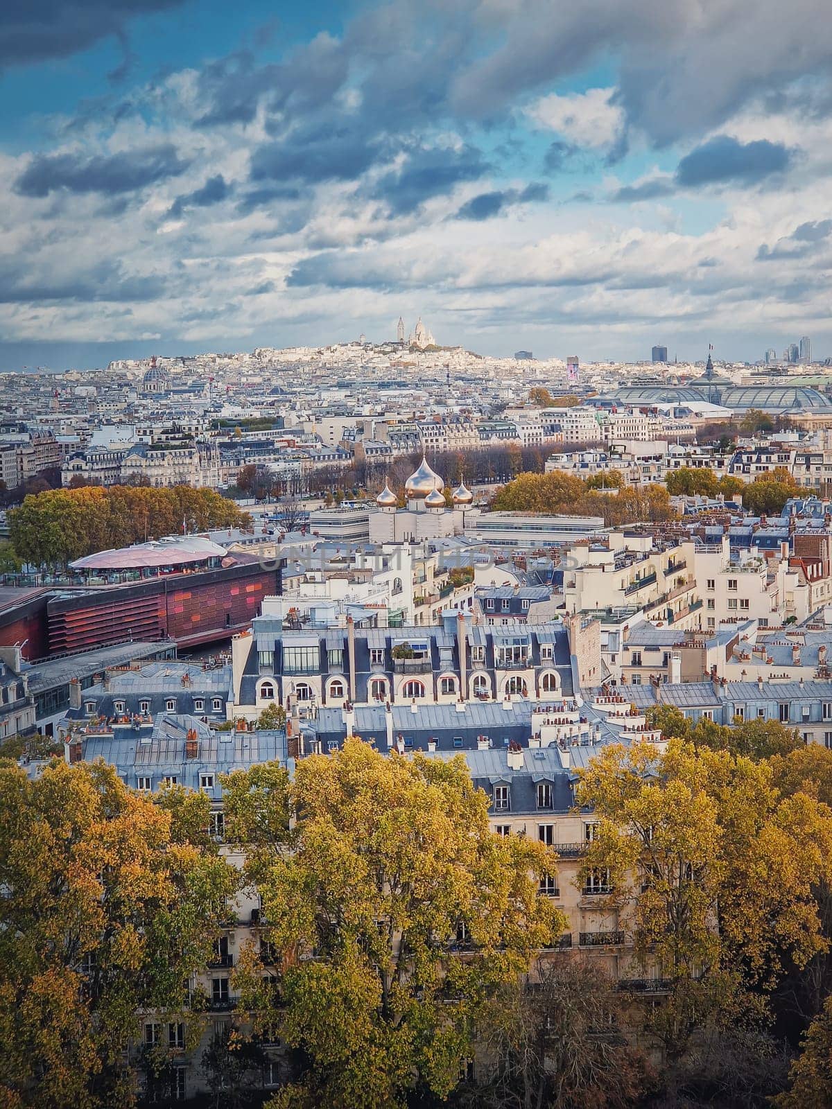 Aerial view over the Paris city to the Sacre Coeur de Montmartre basilica on the hill, France. Autumn parisian cityscape, vertical background