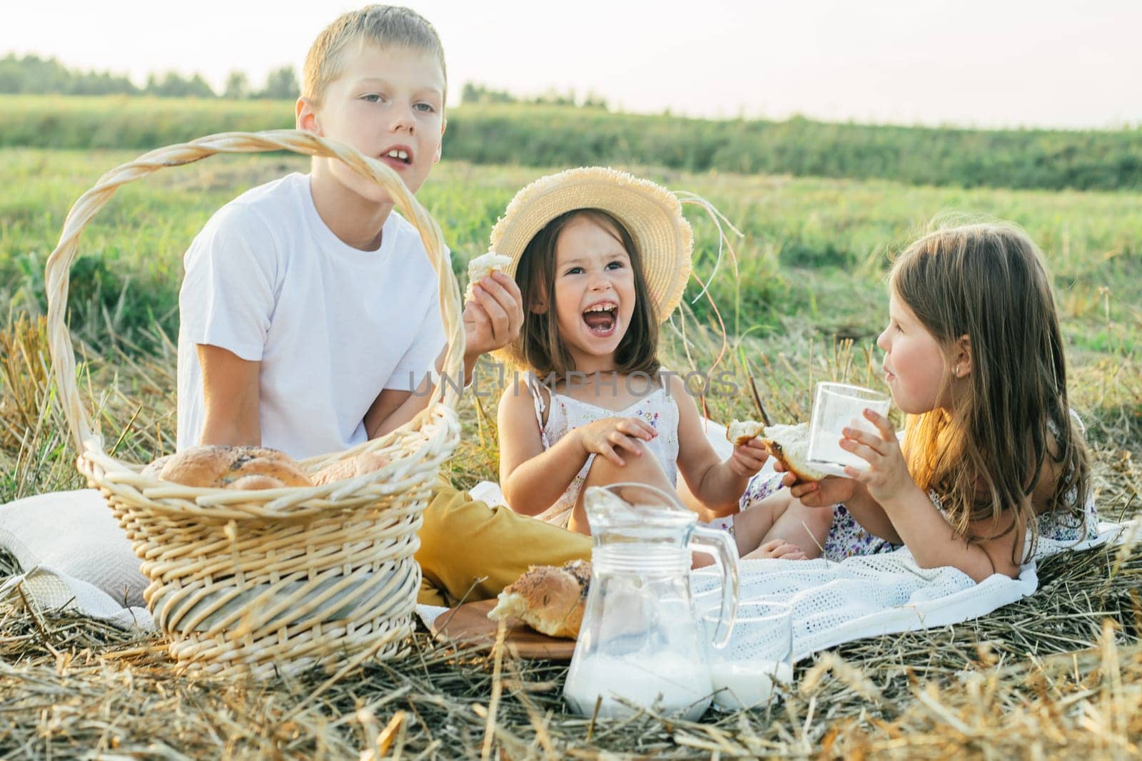 Portrait of joyful boy and two girls sitting on blanket in field, having picnic, eating bread, drinking milk. Relaxing time. Joking, talking, laughing near jug with milk. Side view. Light sunny day.