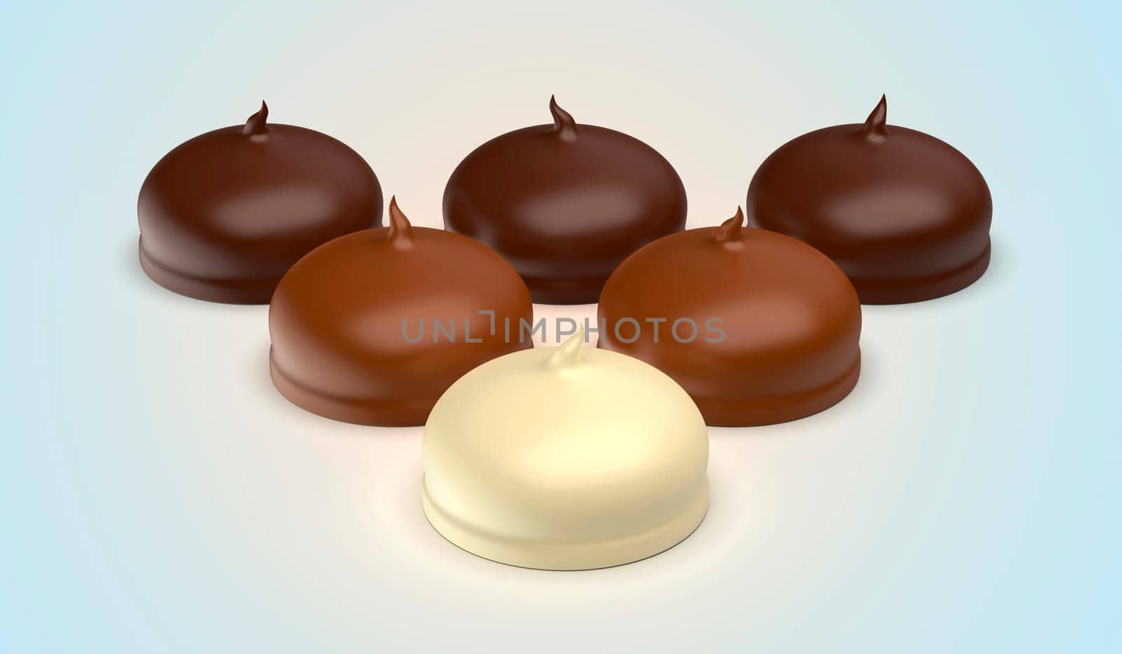White, milk and dark chocolate coated marshmallows
