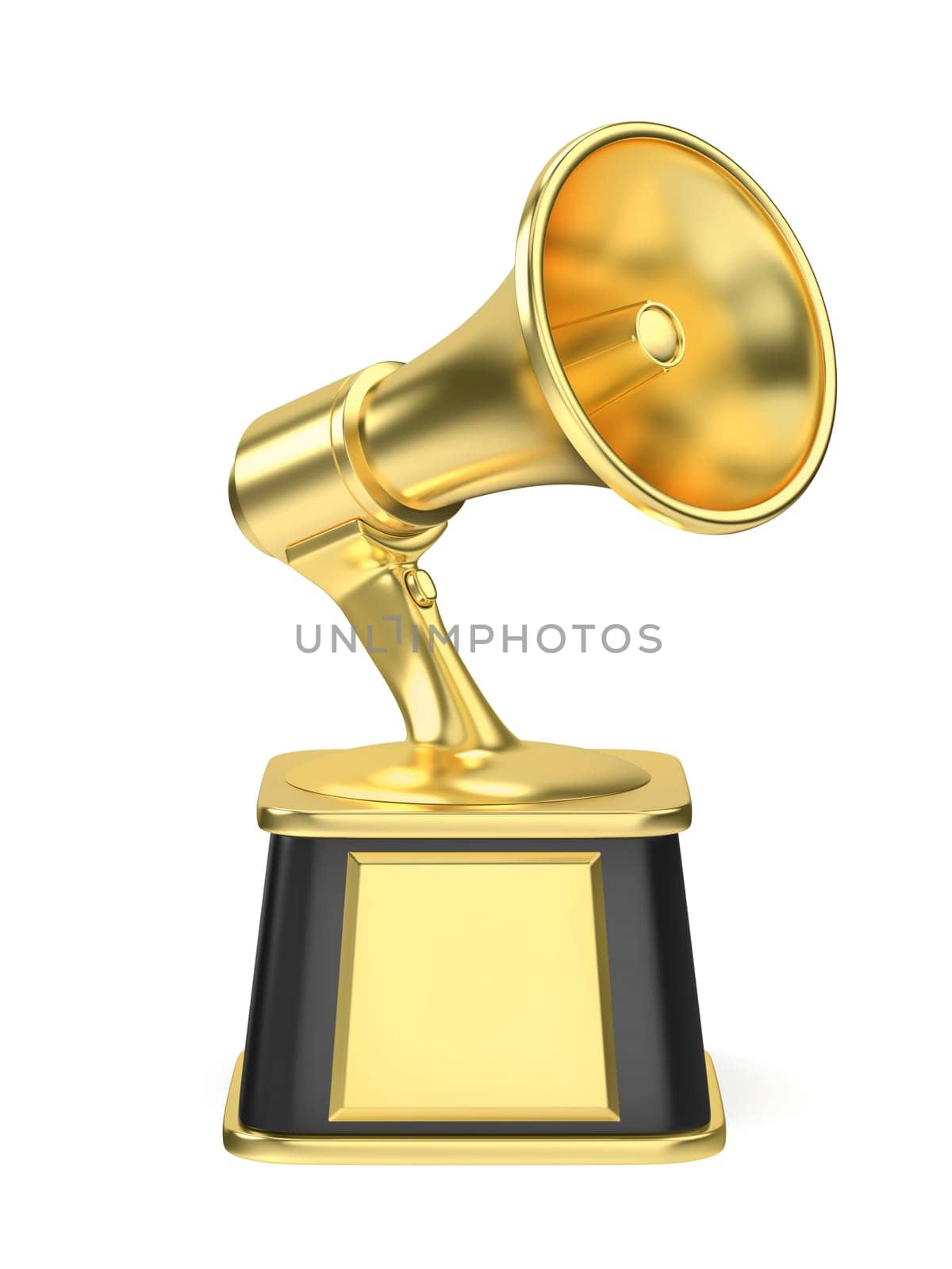 Megaphone gold trophy on white background, front view