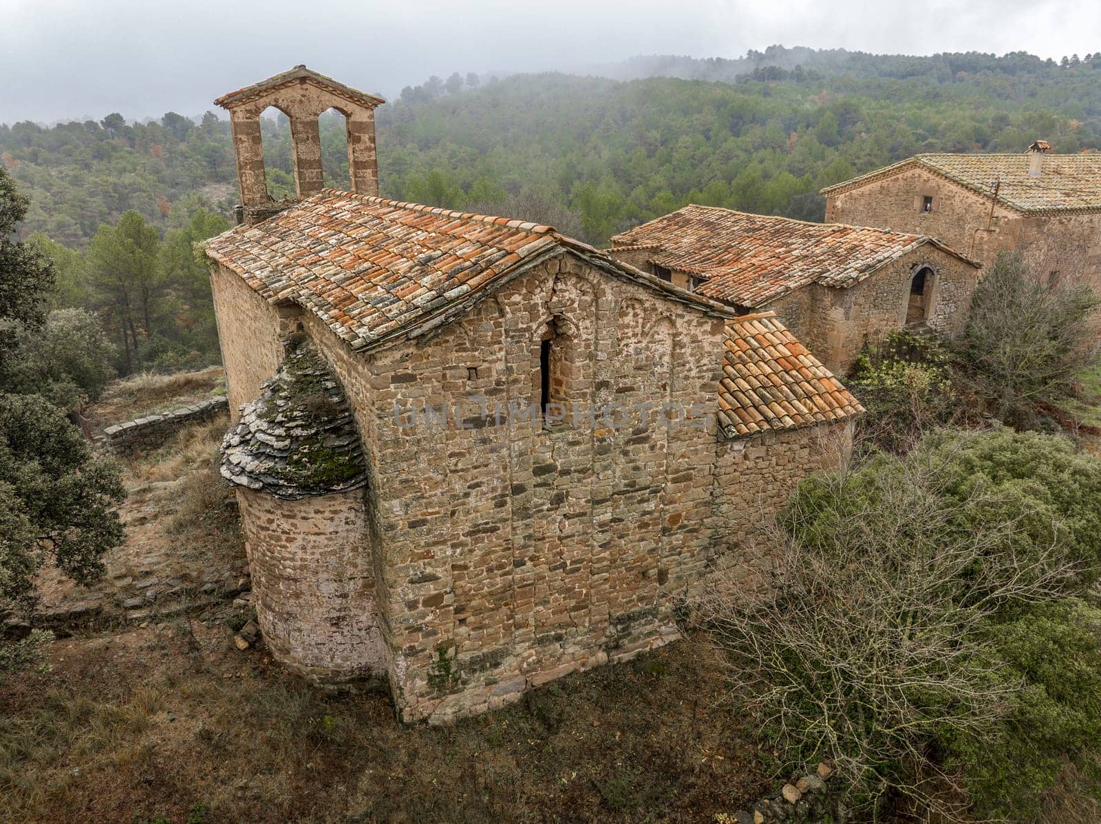 Romanesque church of Sant Cugat de Salou or Raco in Navas (Bages) Catalonia. Spain. Greek cross plan and Lombard decoration, 10th century, Aerial plan view. detail view of the apse