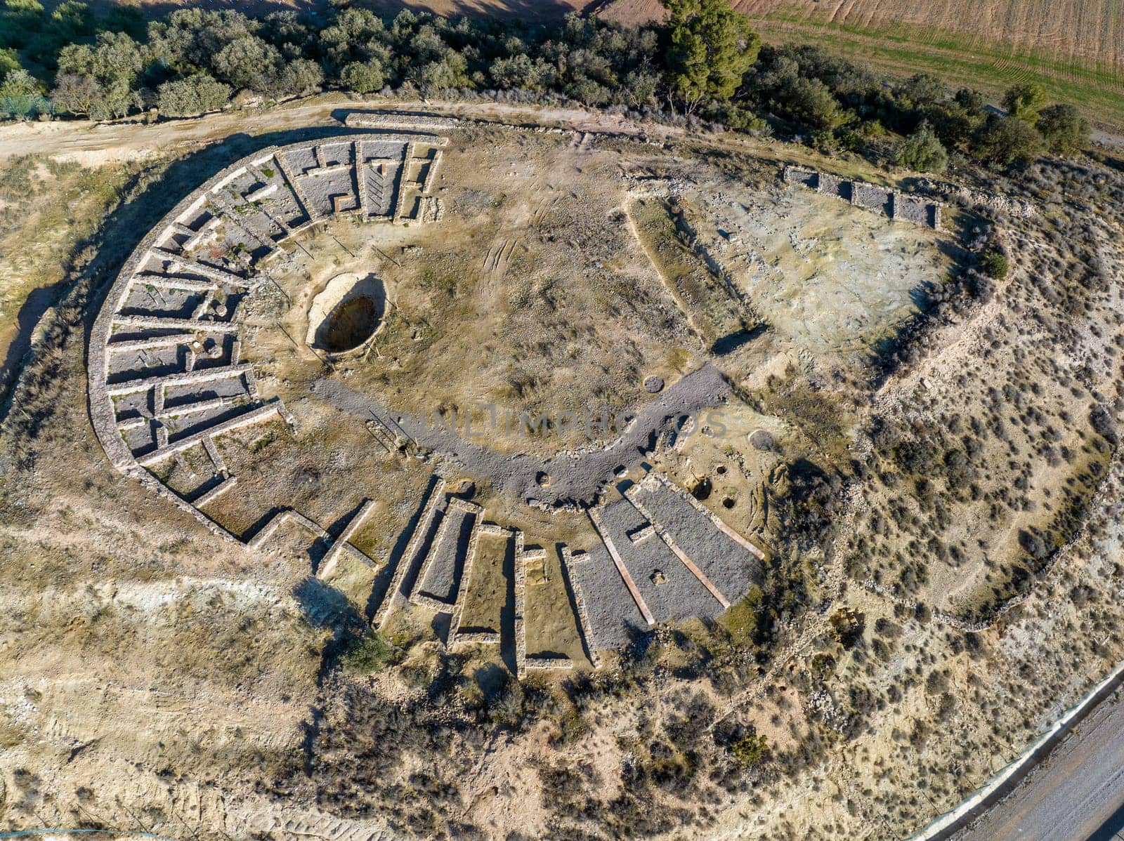 Iberian site of the Estinclells, 3rd century BC, in Verdu. Formed by defensive elements, a moat and a wall, a battery of houses and a raft arranged around a cobbled street. aerial view