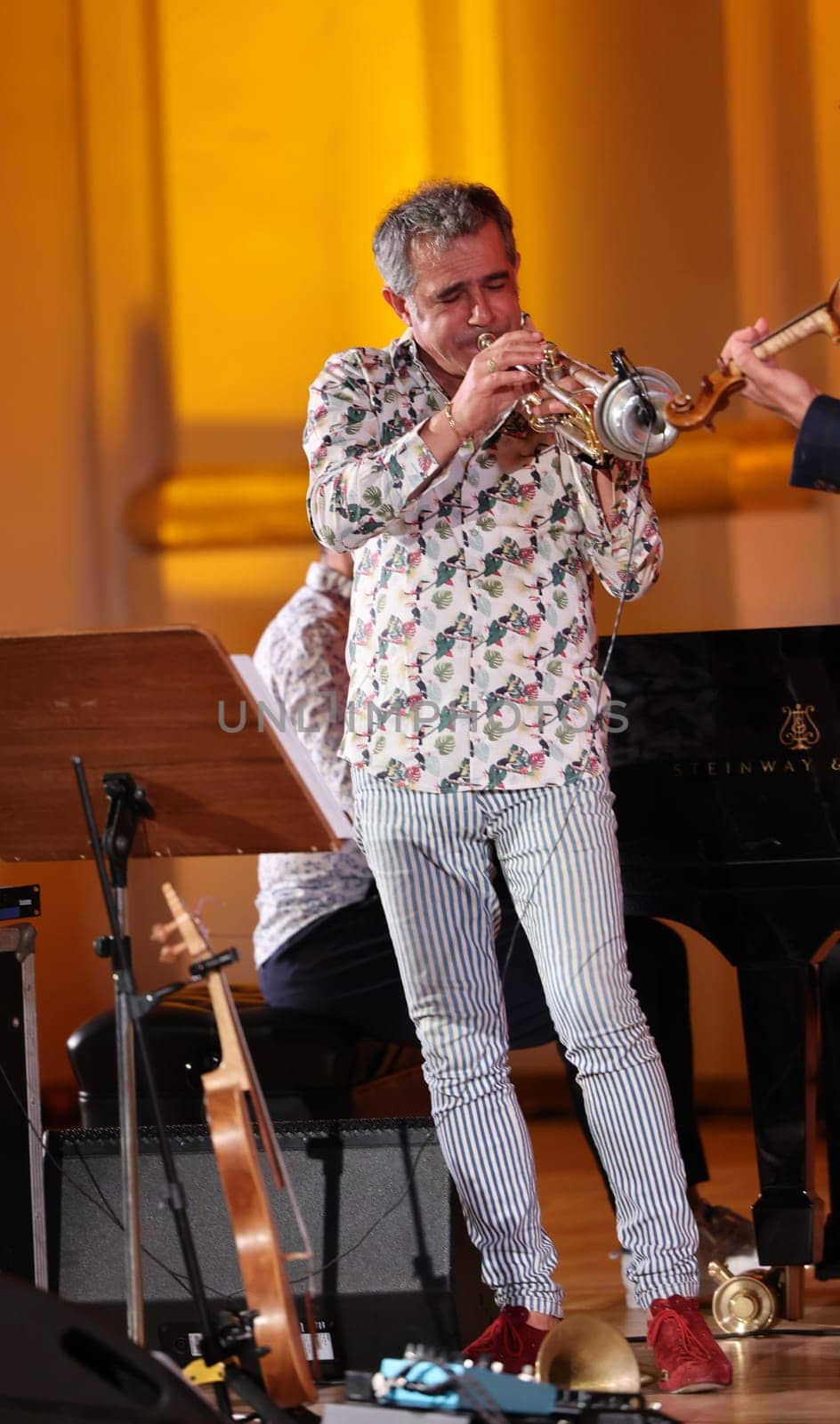 Cracow, Poland - July 4, 2022: Adam Baldych Quartet and Paolo Fresu live on stage of  Krakow Philharmonic at Summer Jazz Festival in Cracow, Poland