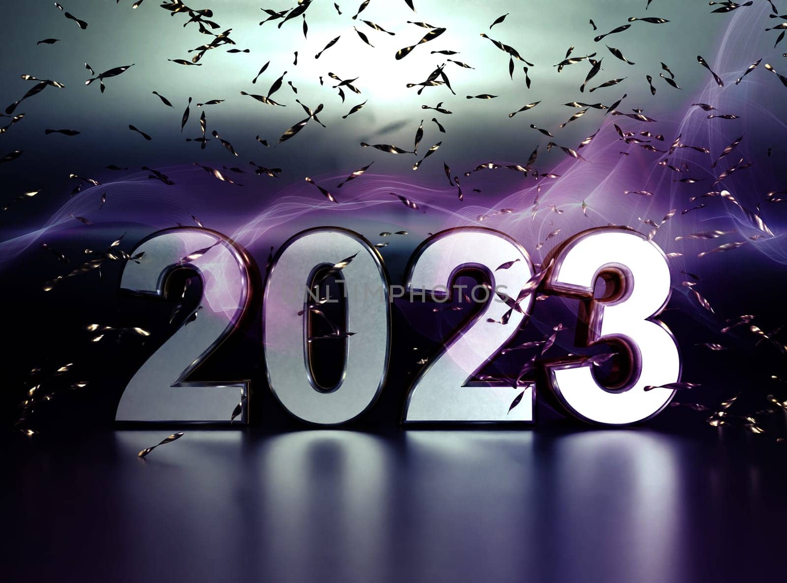 Shiny steel number 2023 with reflections and glitter, 3d rendering