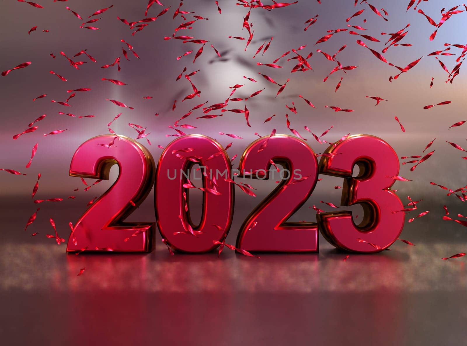 Shiny steel number 2023 with reflections and glitter, 3d rendering