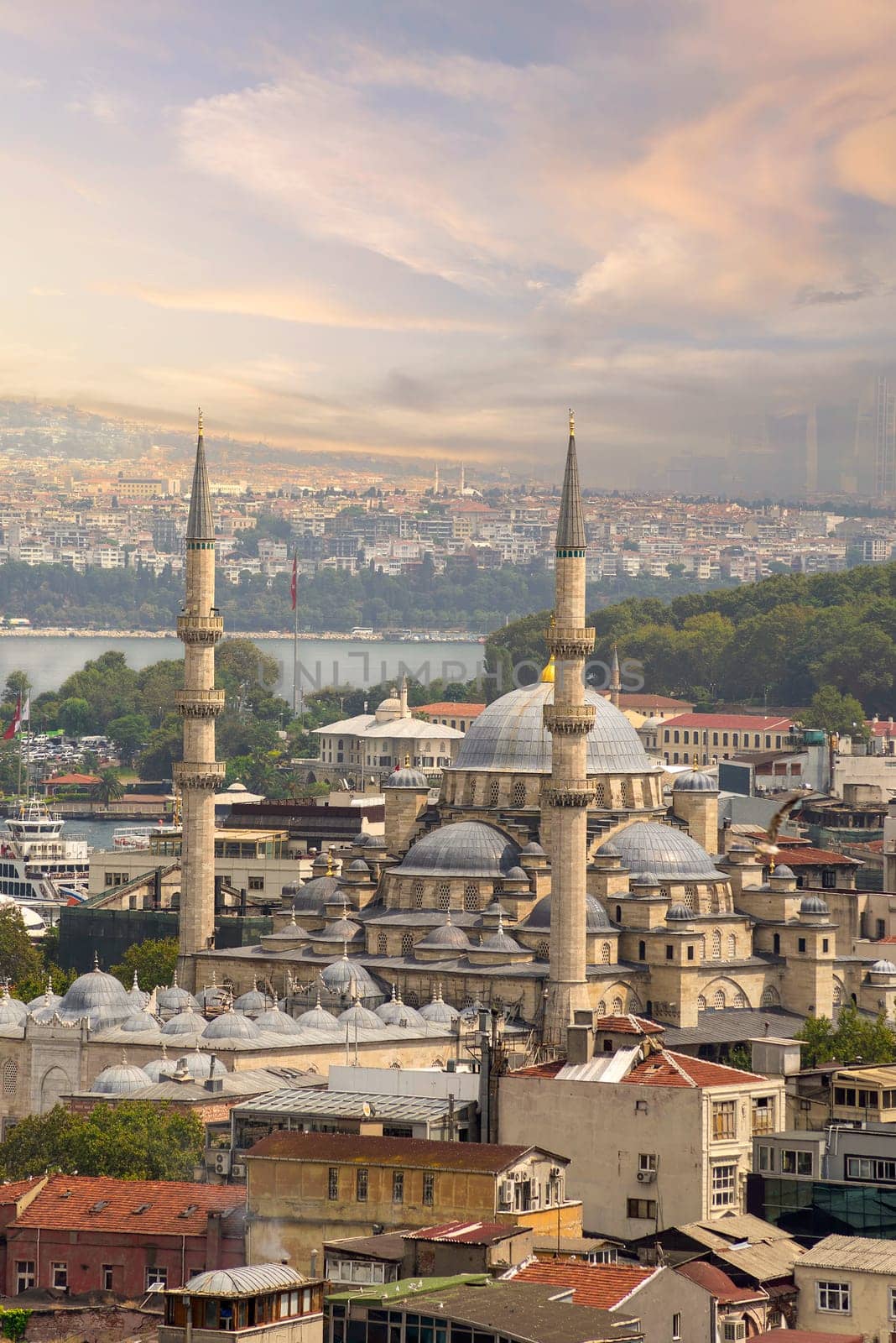 Ariel view of Rustem Pasha Mosque, from Suleymaniye Mosque, Istanbul, Turkey, before sunset