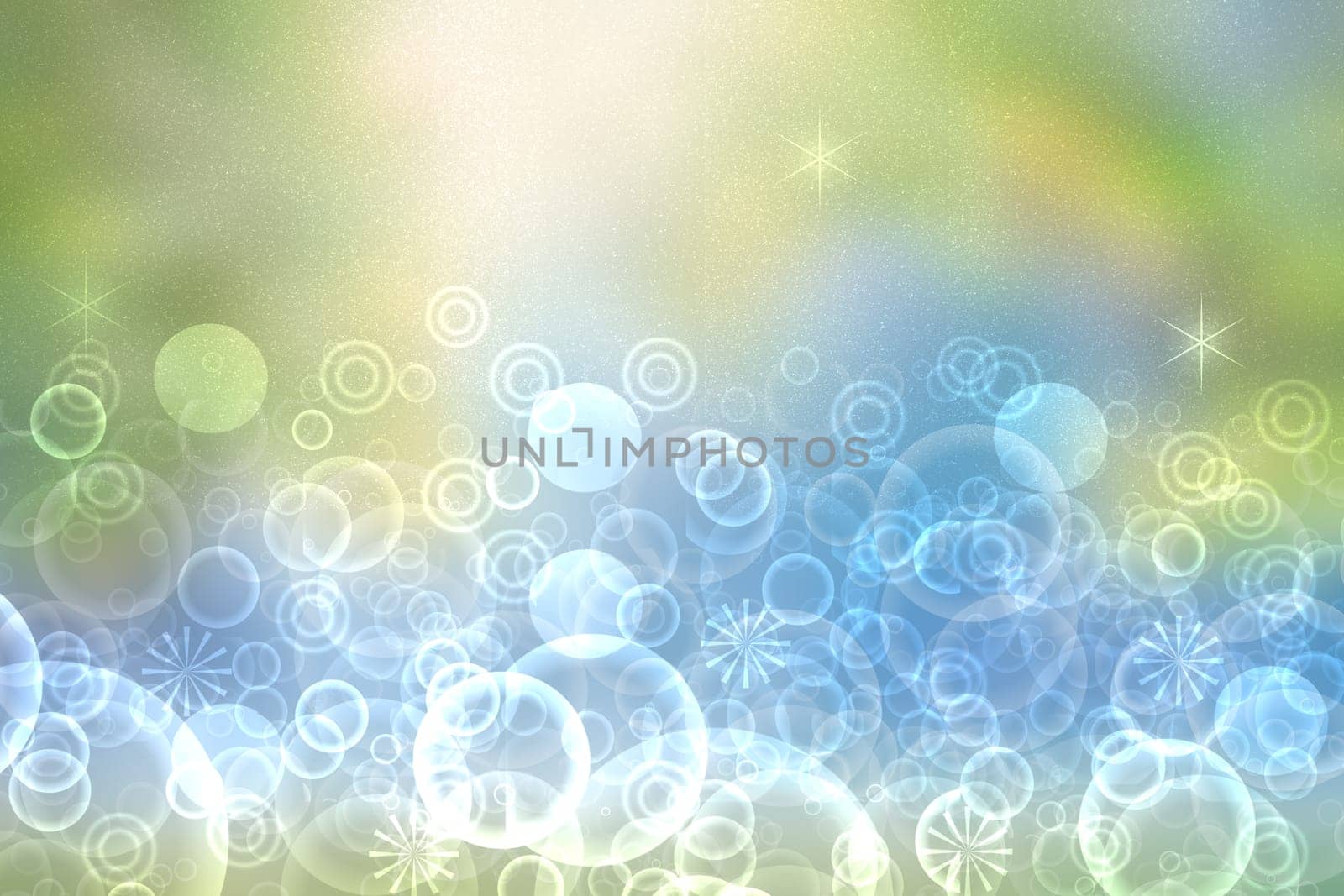 Abstract blurred festive delicate winter christmas or Happy New Year background with shiny blue green and white bokeh lighted circles stars. Space for your design. Card concept.