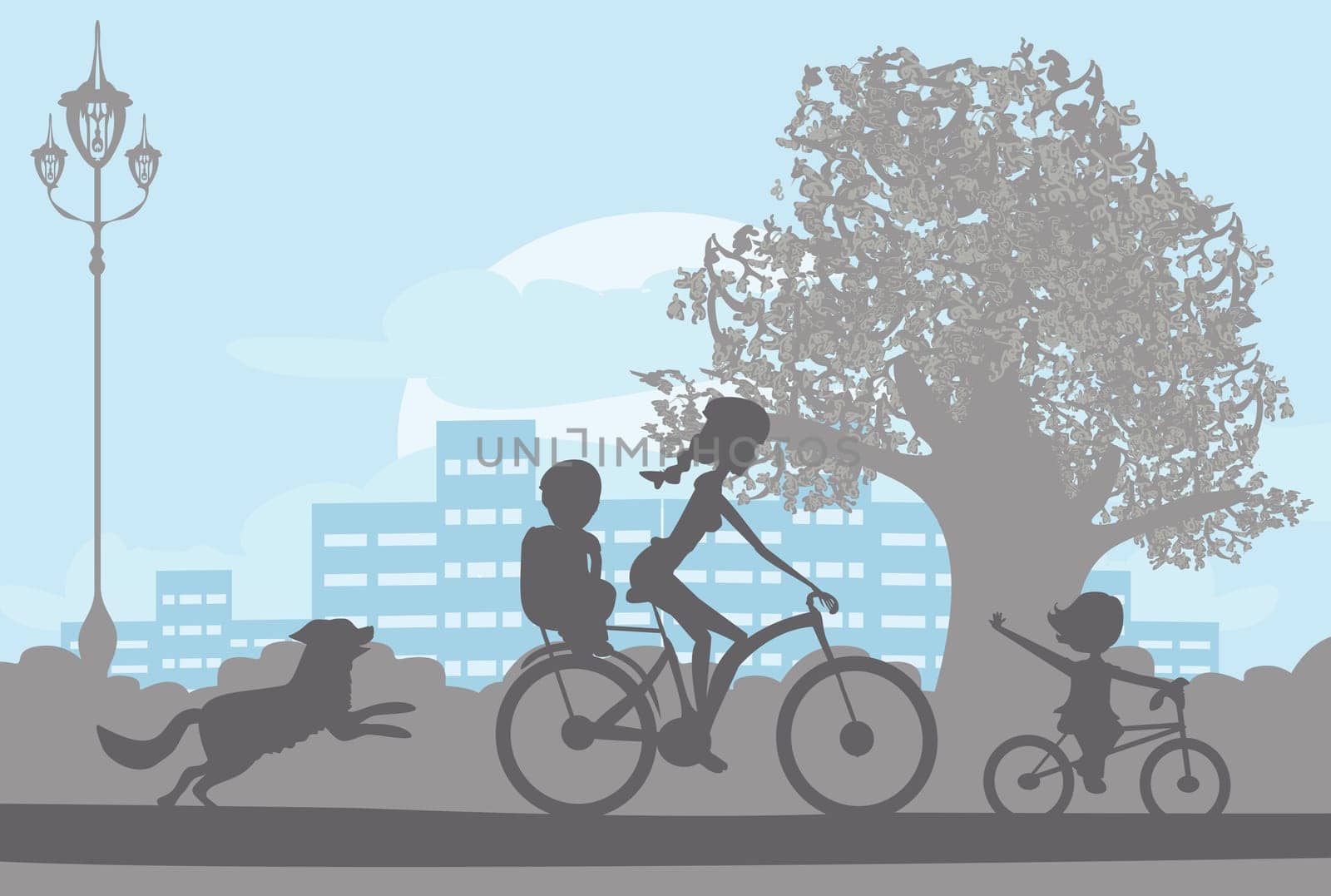bicycle ride in the city park with children