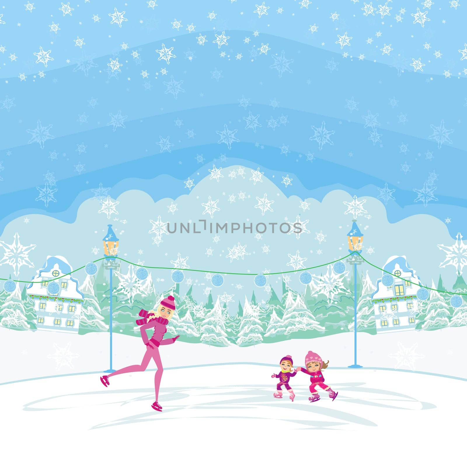 mother and her cute daughters on a skating rink