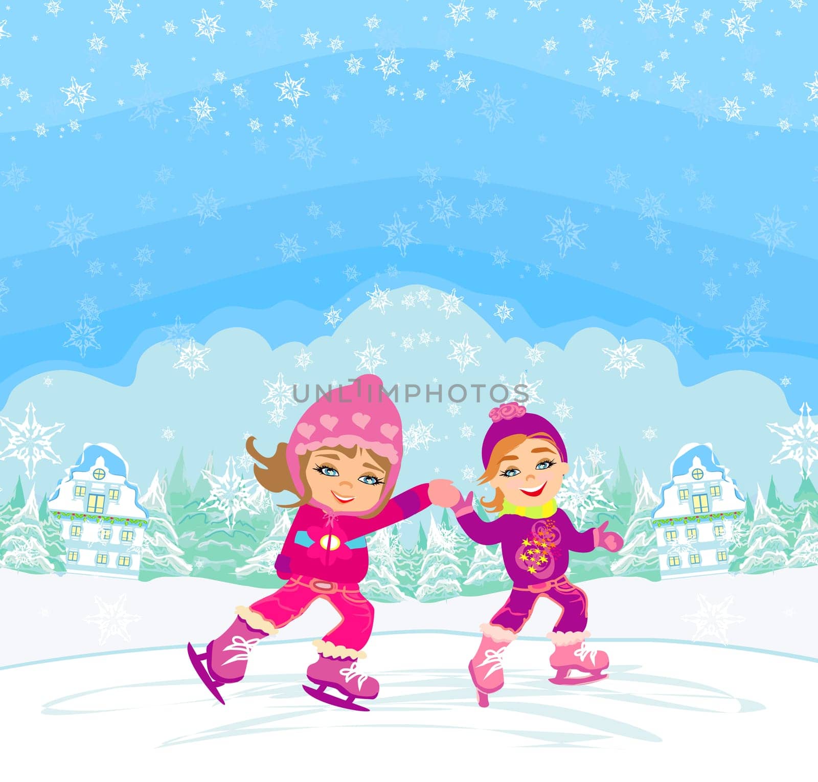 happy children ice skating on a winter day