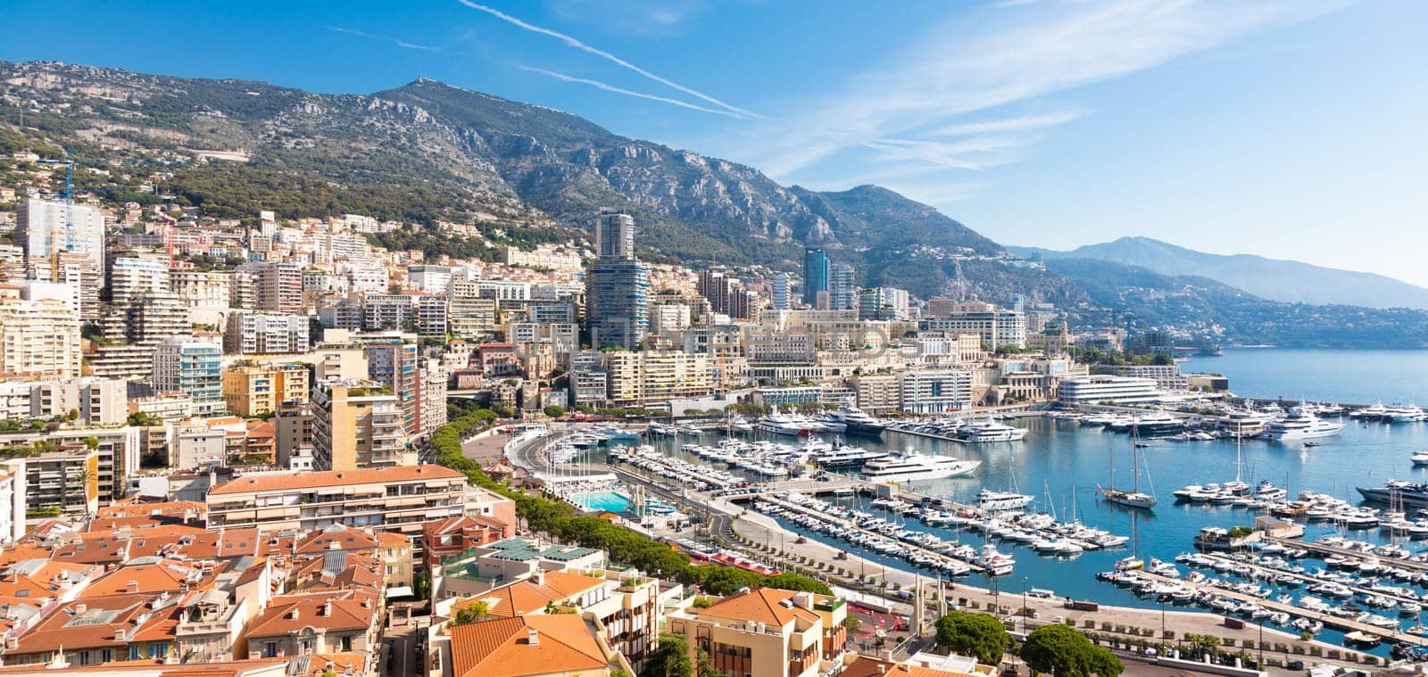 Monte Carlo - August 2022: panoramic view of the city. Monaco port and skyline.