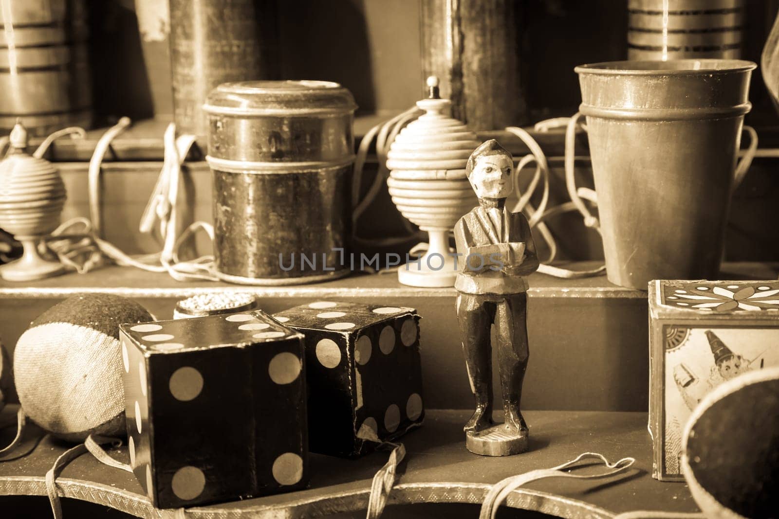 Nostalgic vintage toys, end of 1800s. Concept of childhood, antique, nostalgia