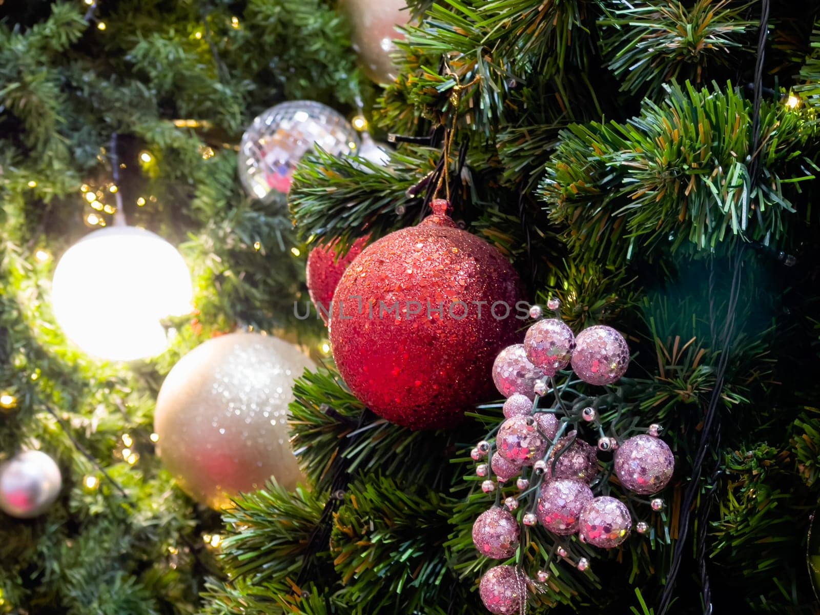 Christmas tree with light bulbs background, stock photo