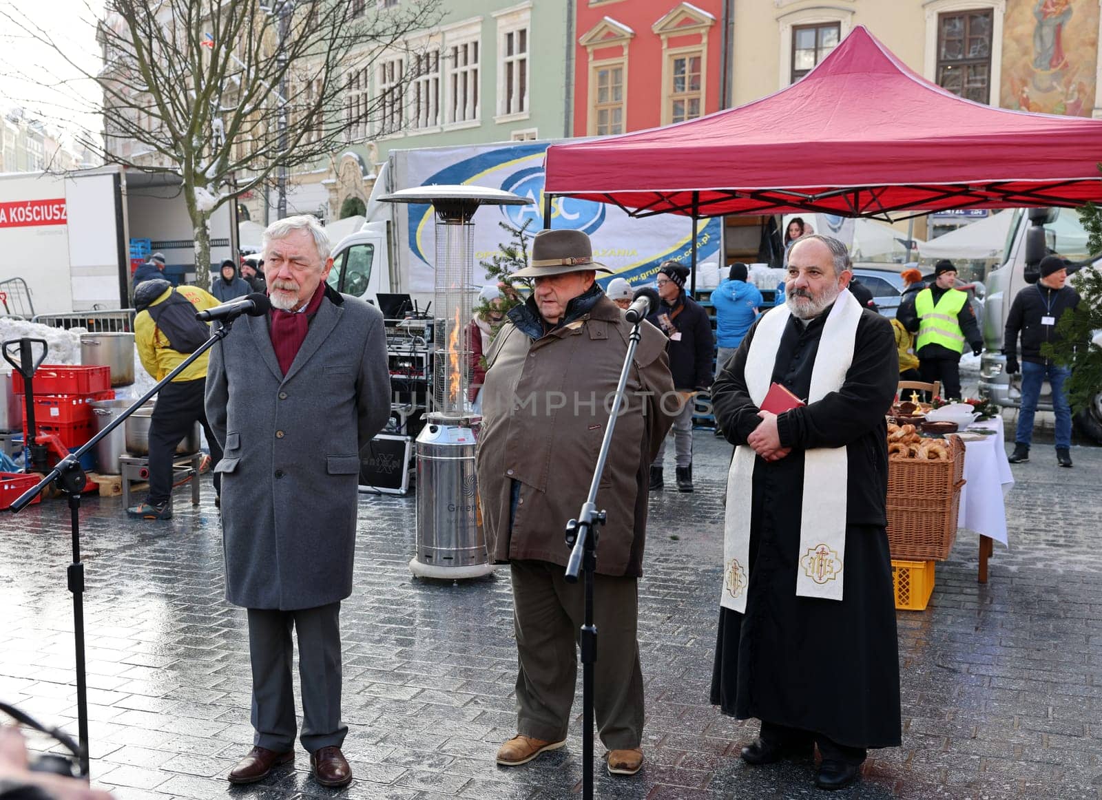 Krakow, Poland - Dec 18, 2022: Christmas Eve for poor and homeless on the Main Square in Cracow. The group Kosciuszko prepares the greatest eve in the open air in Krakow