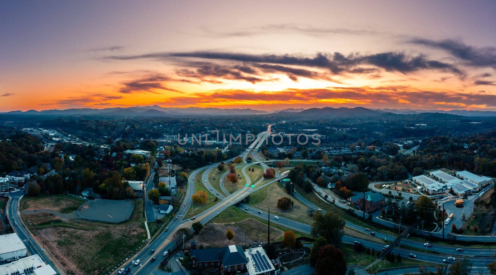 Scenic aerial view of sunset over Smoky Mountains from Asheville, North Carolina