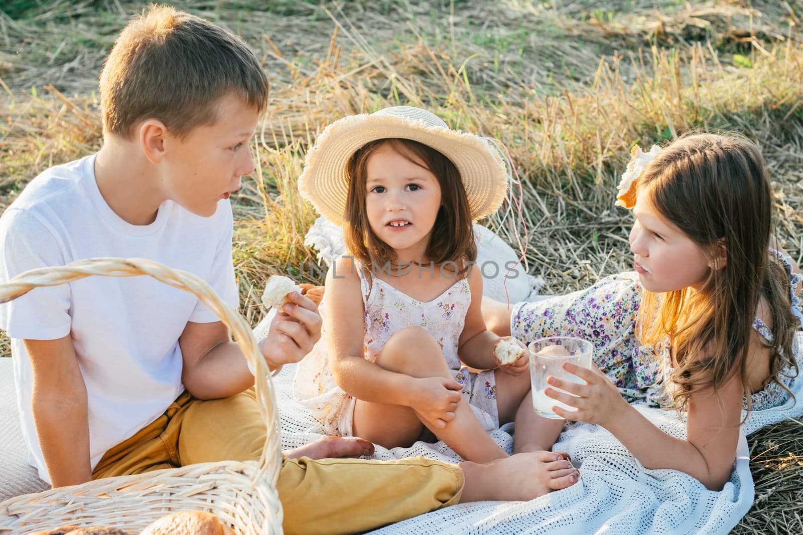 Happy friends talk, eat buns and drink milk sitting on blanket on field. Portrait of little children resting on grass. Outdoor walking and picnic. Summer vacation, countryside lifestyle.